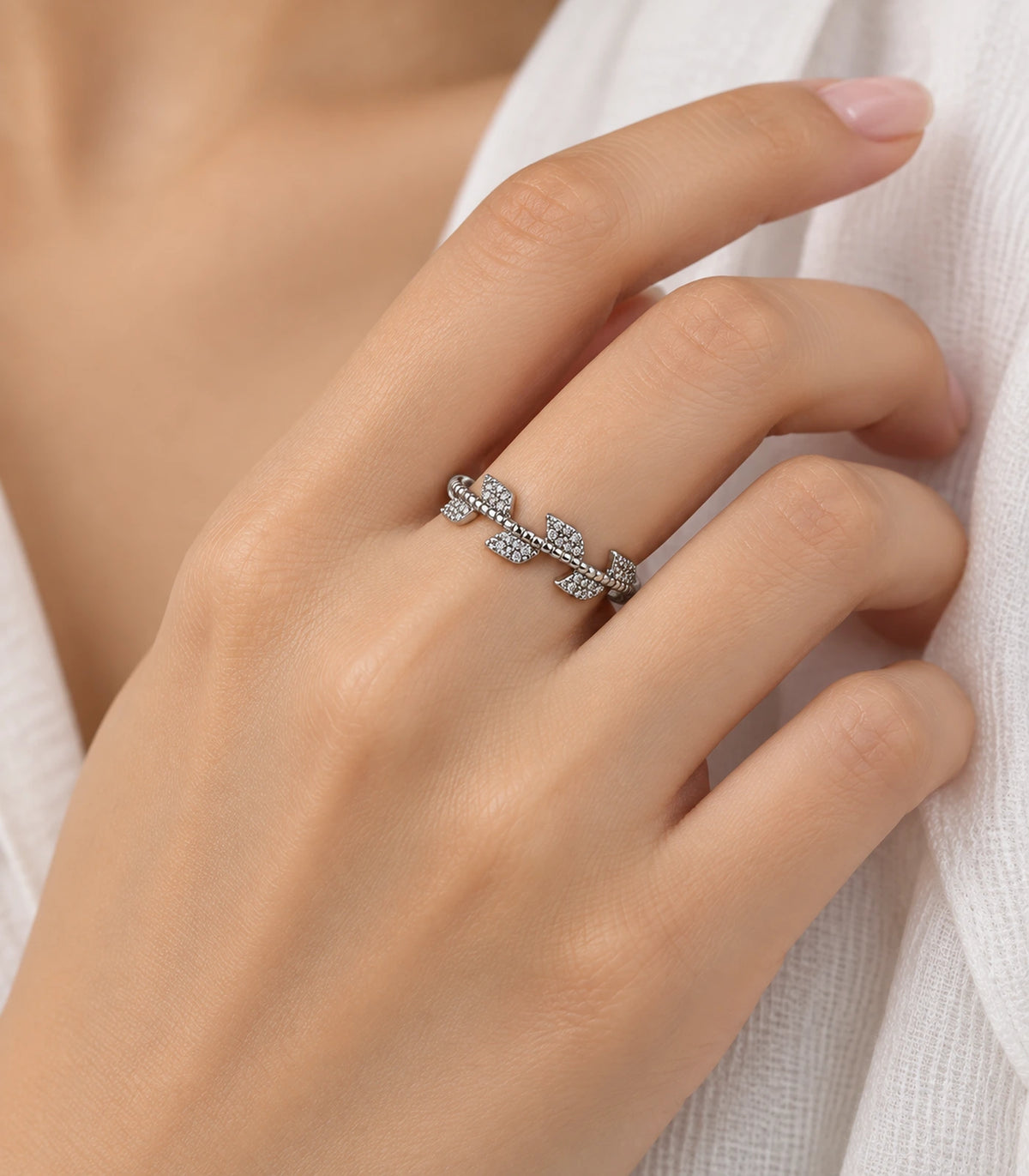JIMIKI Silver Crystal Leaf Branch Ring in Silver - worn styling view #color_silver