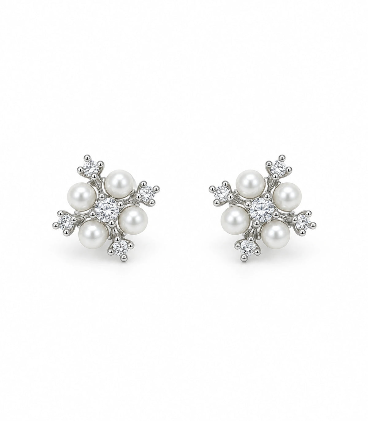 JIMIKI silver crystal pearl snowflake stud earrings, matching pair on white background #color_silver