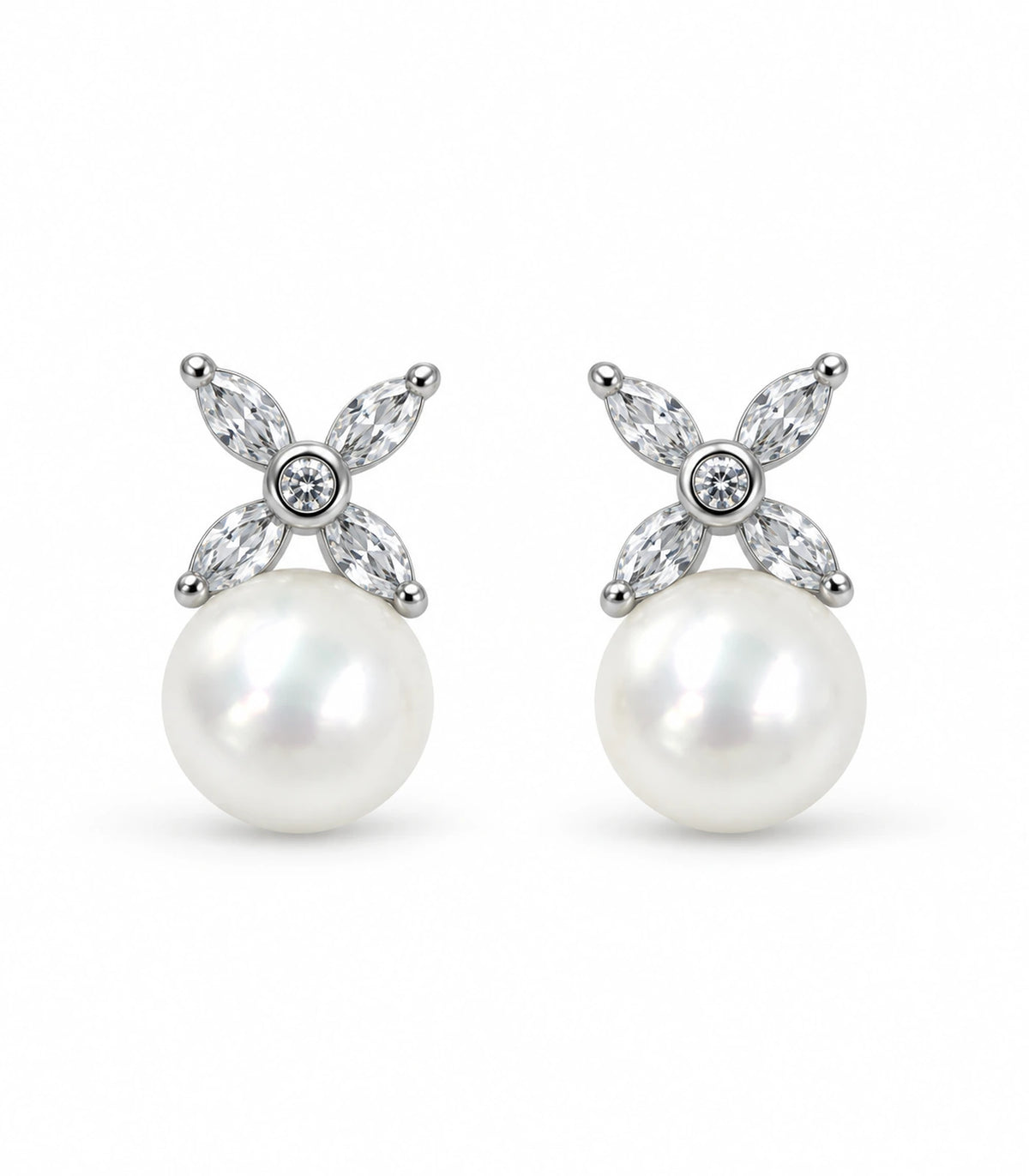 JIMIKI Silver Crystal Petal Pearl Stud Earrings in Silver - white background #color_silver