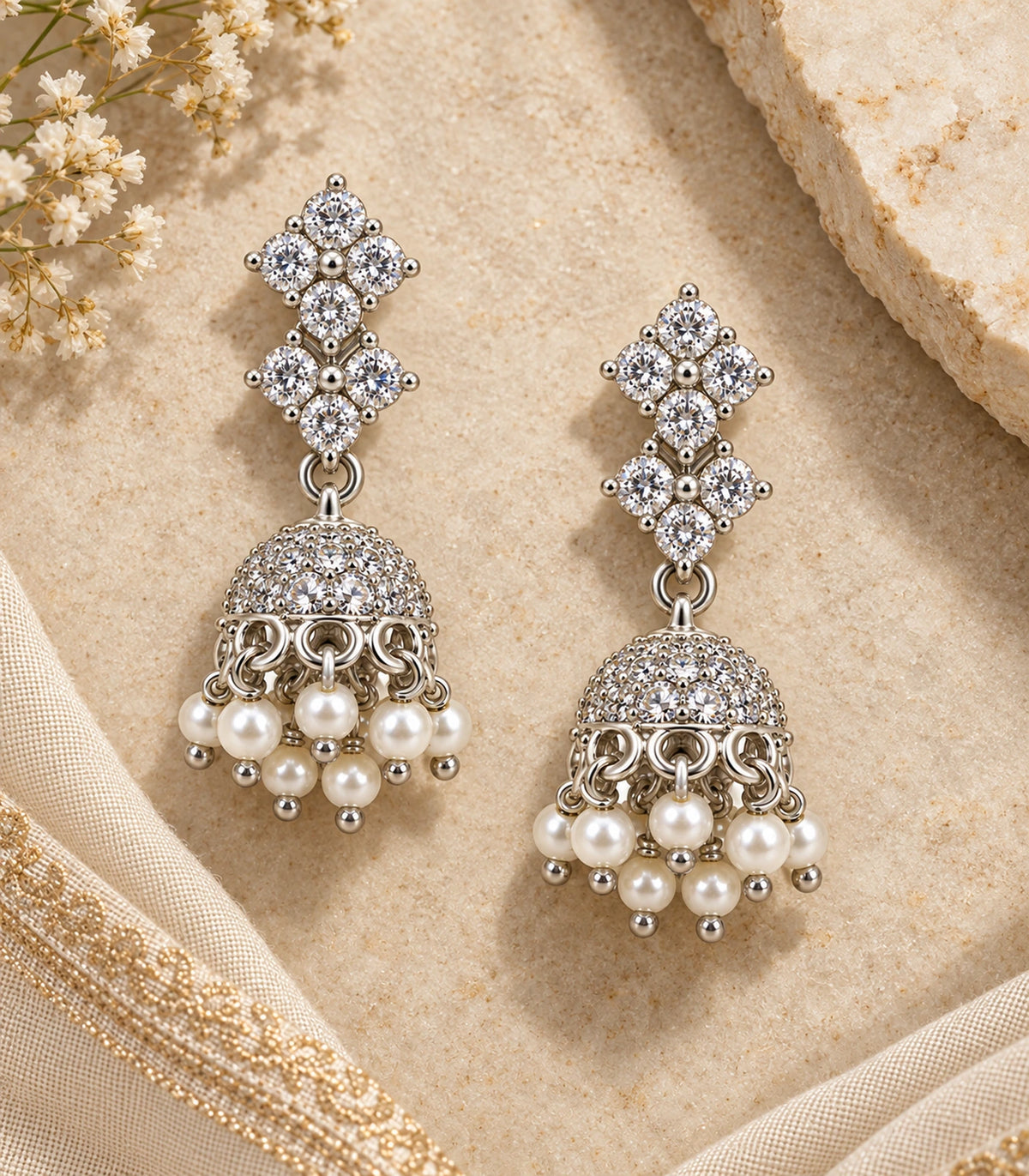 JIMIKI Silver Double Diamond Crystal Jhumka Earrings - Matching pair in an editorial flatlay #color_silver