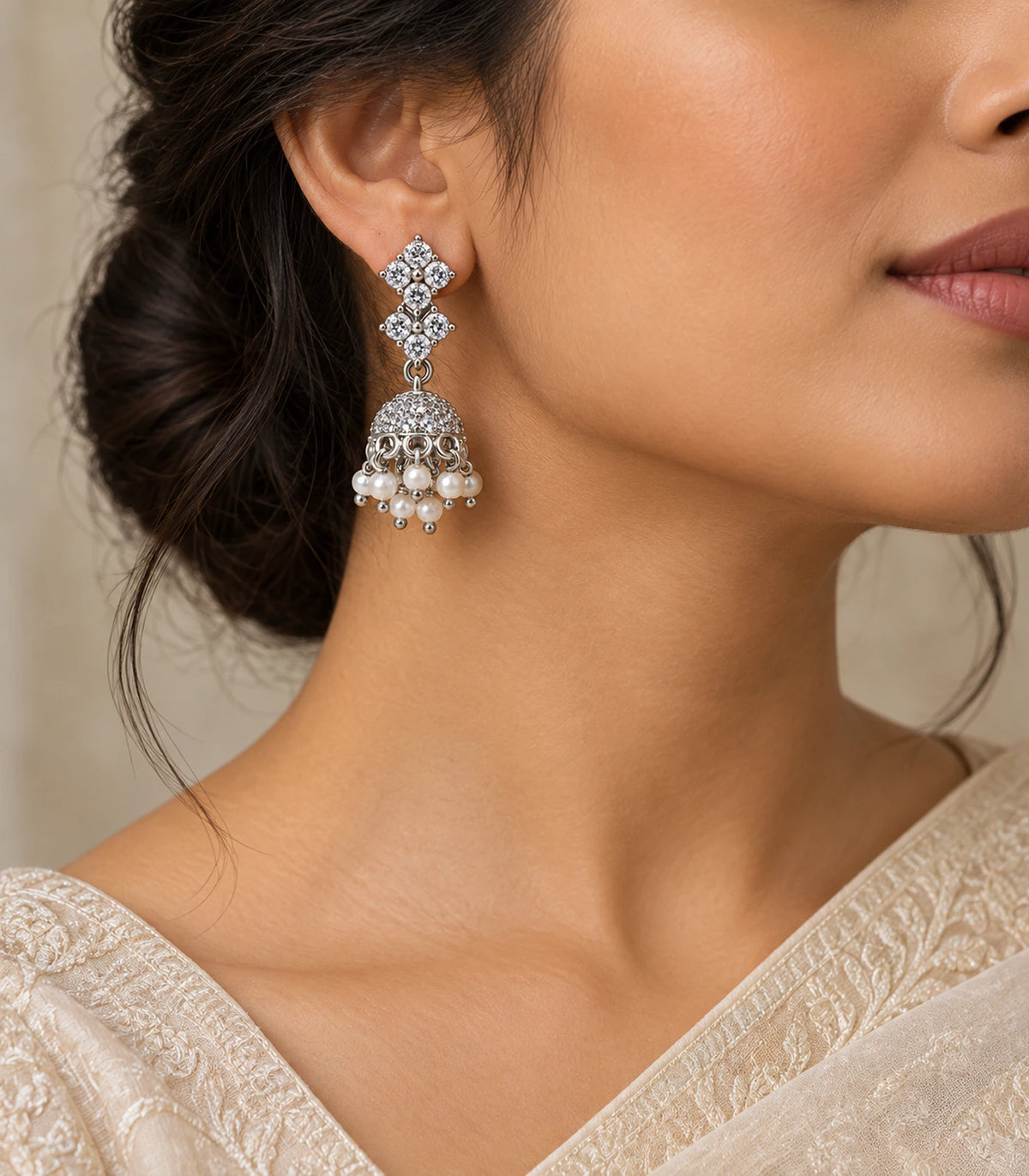 JIMIKI Silver Double Diamond Crystal Jhumka Earrings - Worn styling view with the bead fringe visible #color_silver