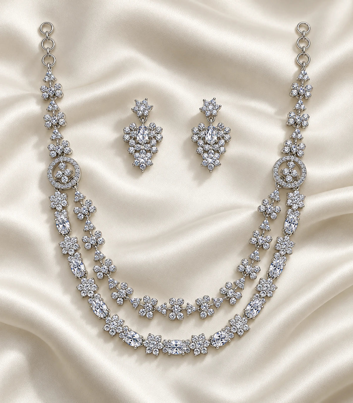 Complete silver-tone double-layer floral crystal necklace and two earrings arranged on ivory fabric