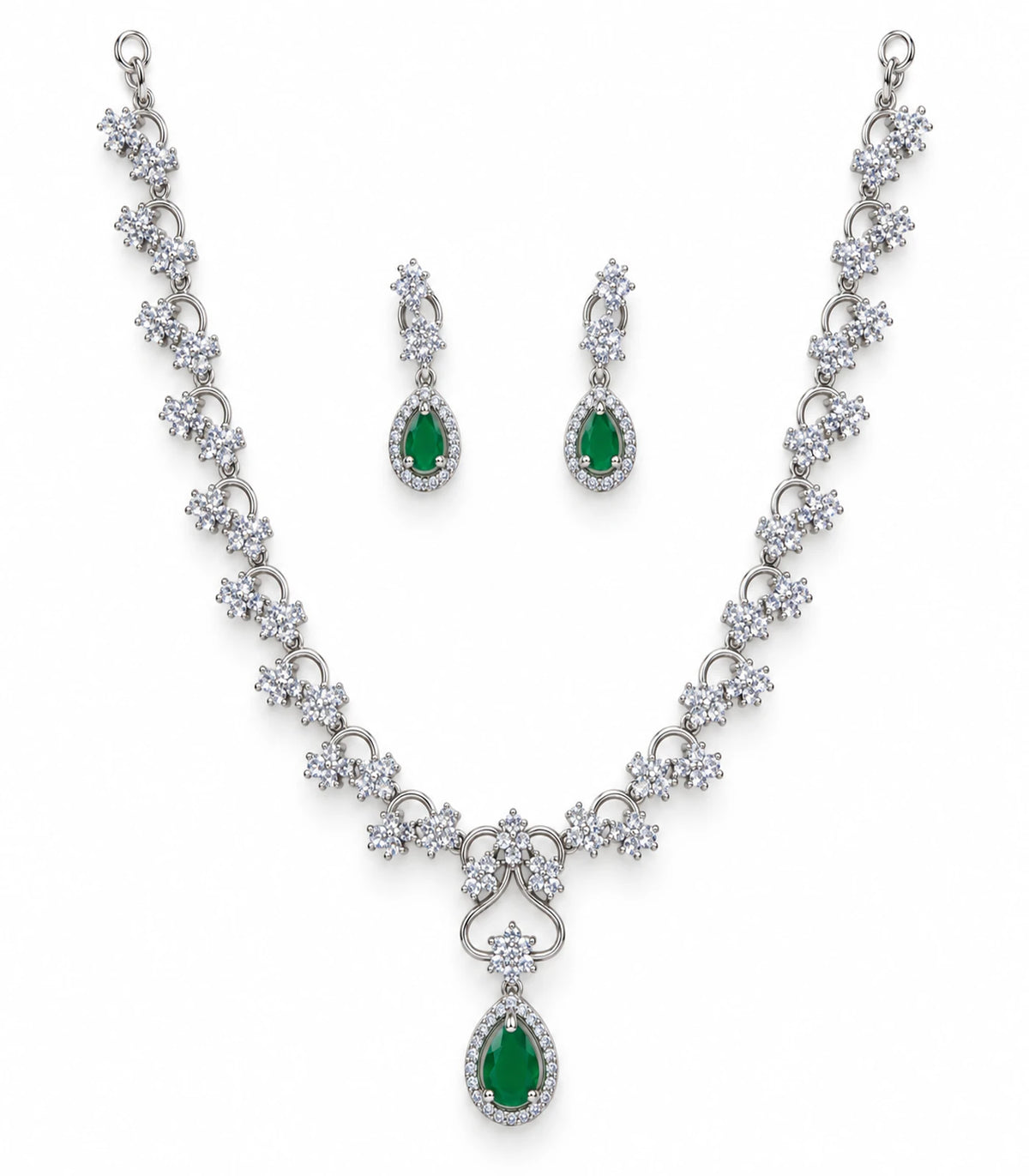 Silver Emerald Teardrop Crystal Necklace Set with necklace and matching earring pair on white