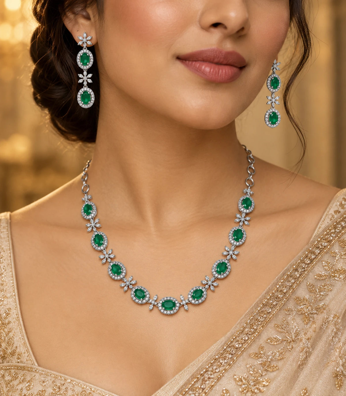 Silver Emerald Oval Floral Crystal Necklace Set worn in warm occasion styling
