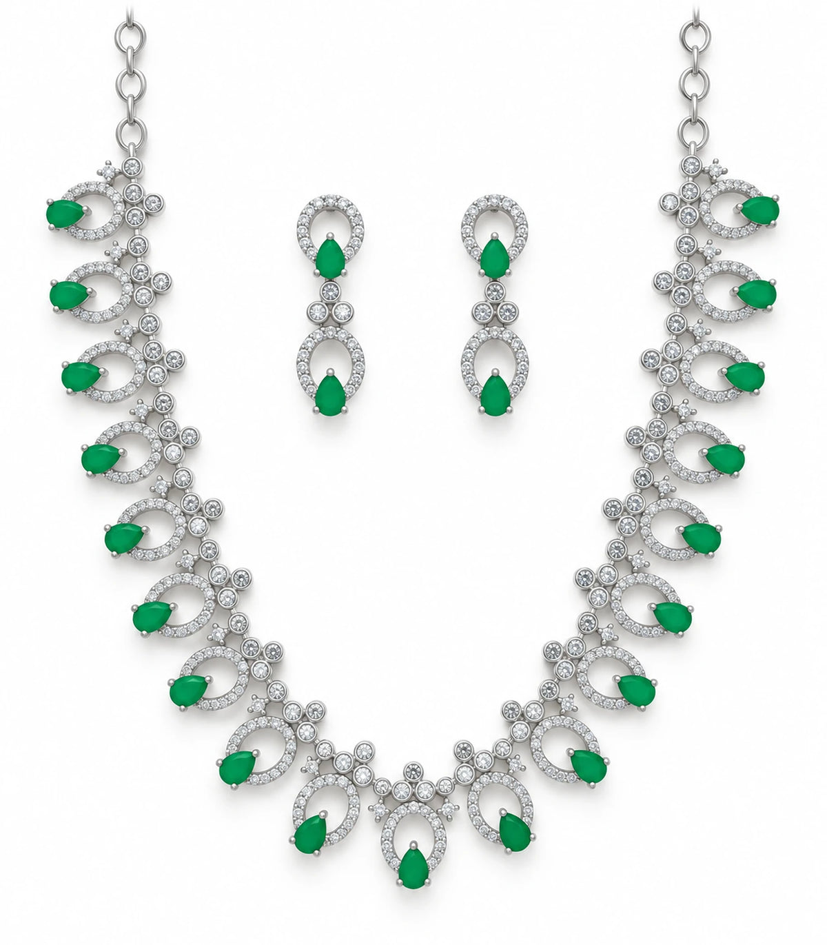 Silver-tone emerald-green teardrop fringe necklace with matching pair of drop earrings on white