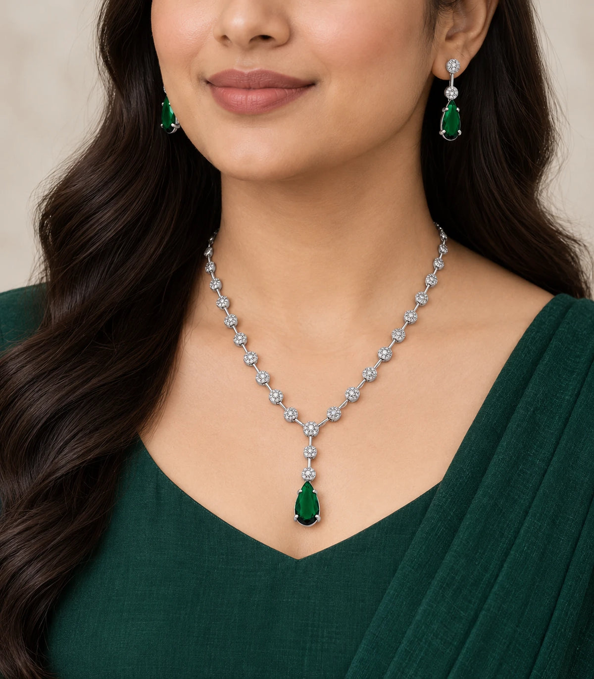 Silver Green Teardrop Necklace Set worn with a green outfit
