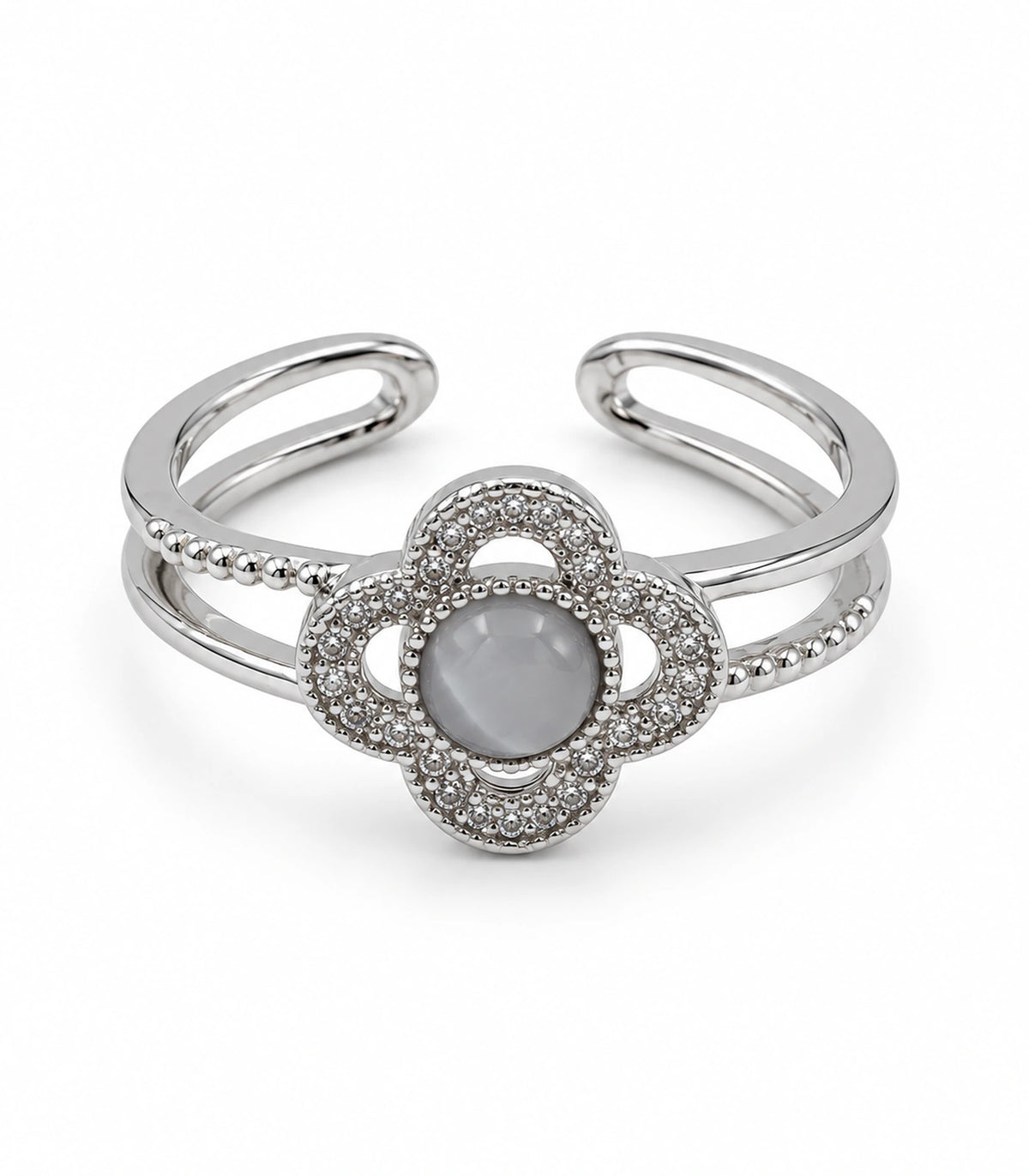 Silver grey cabochon clover halo open ring, complete product on white