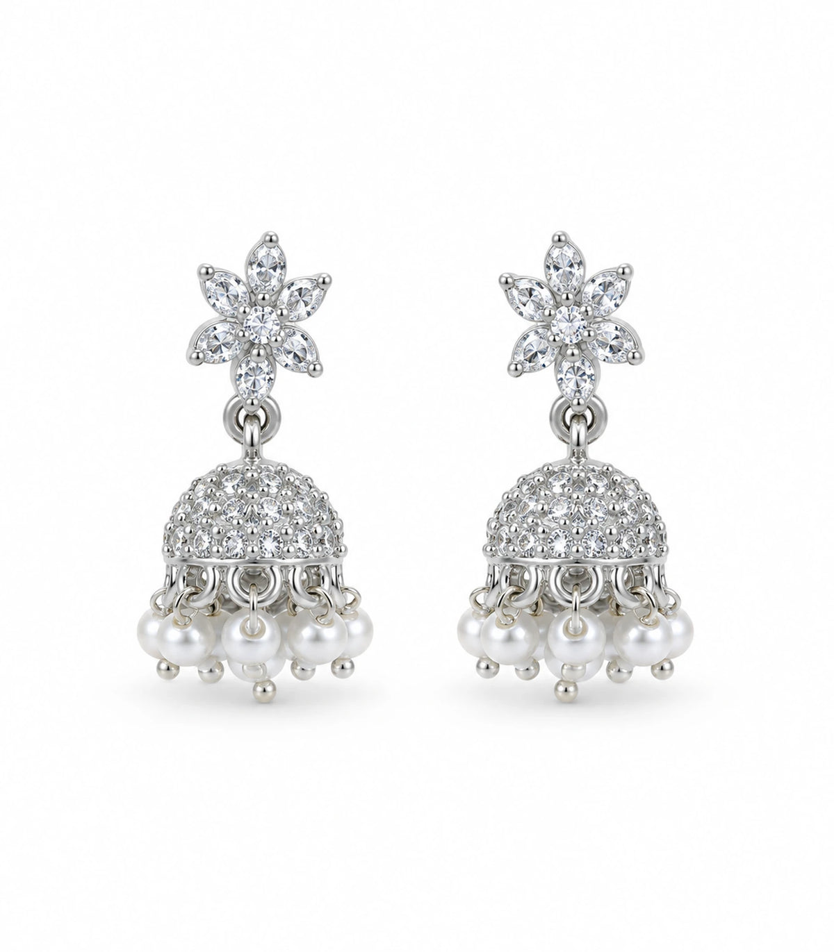JIMIKI Silver Leaf Flower Crystal Jhumka Earrings - Matching pair on white #color_silver