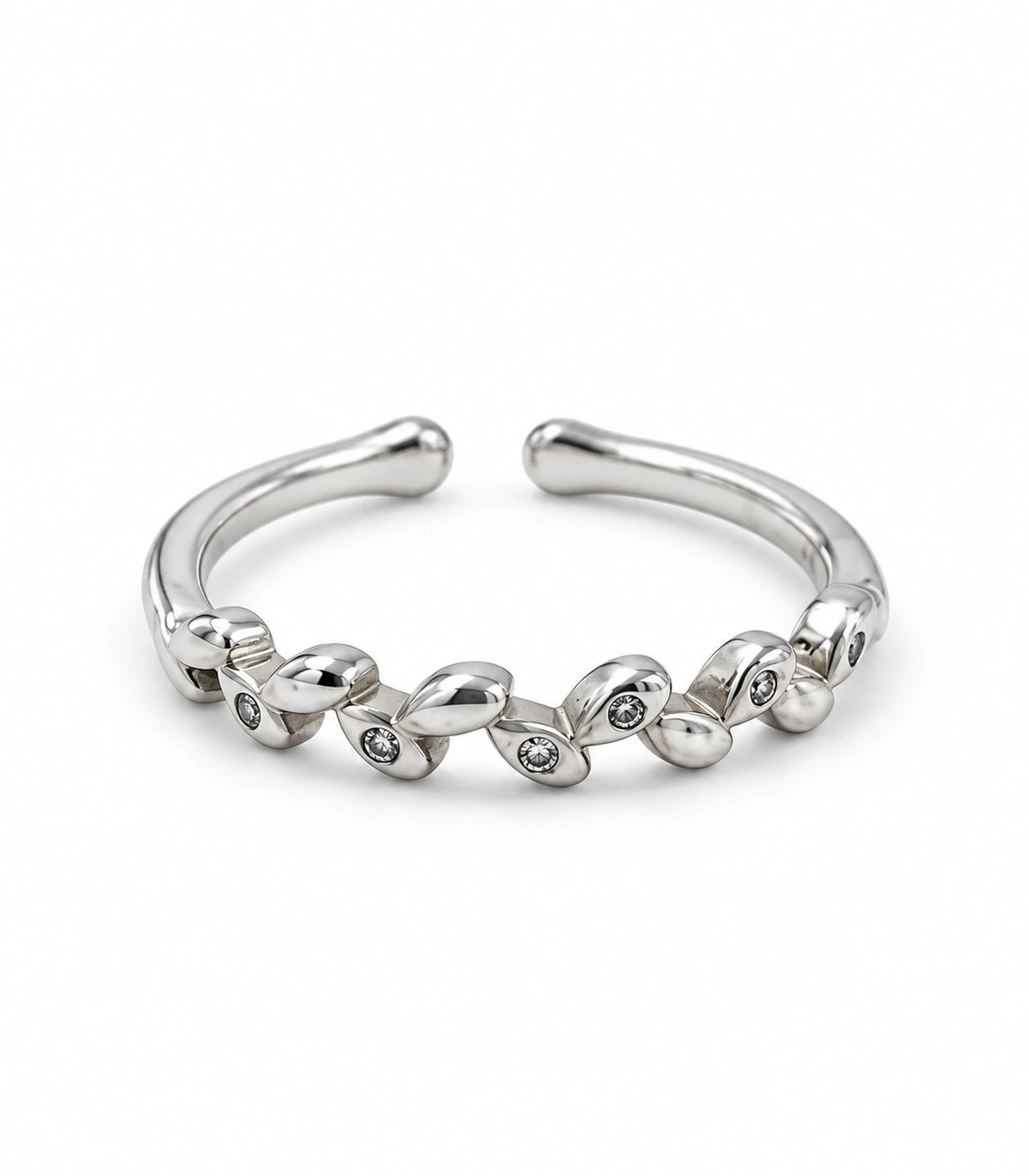 JIMIKI Silver Linked Leaf Crystal Ring in Silver - ring on white #color_silver