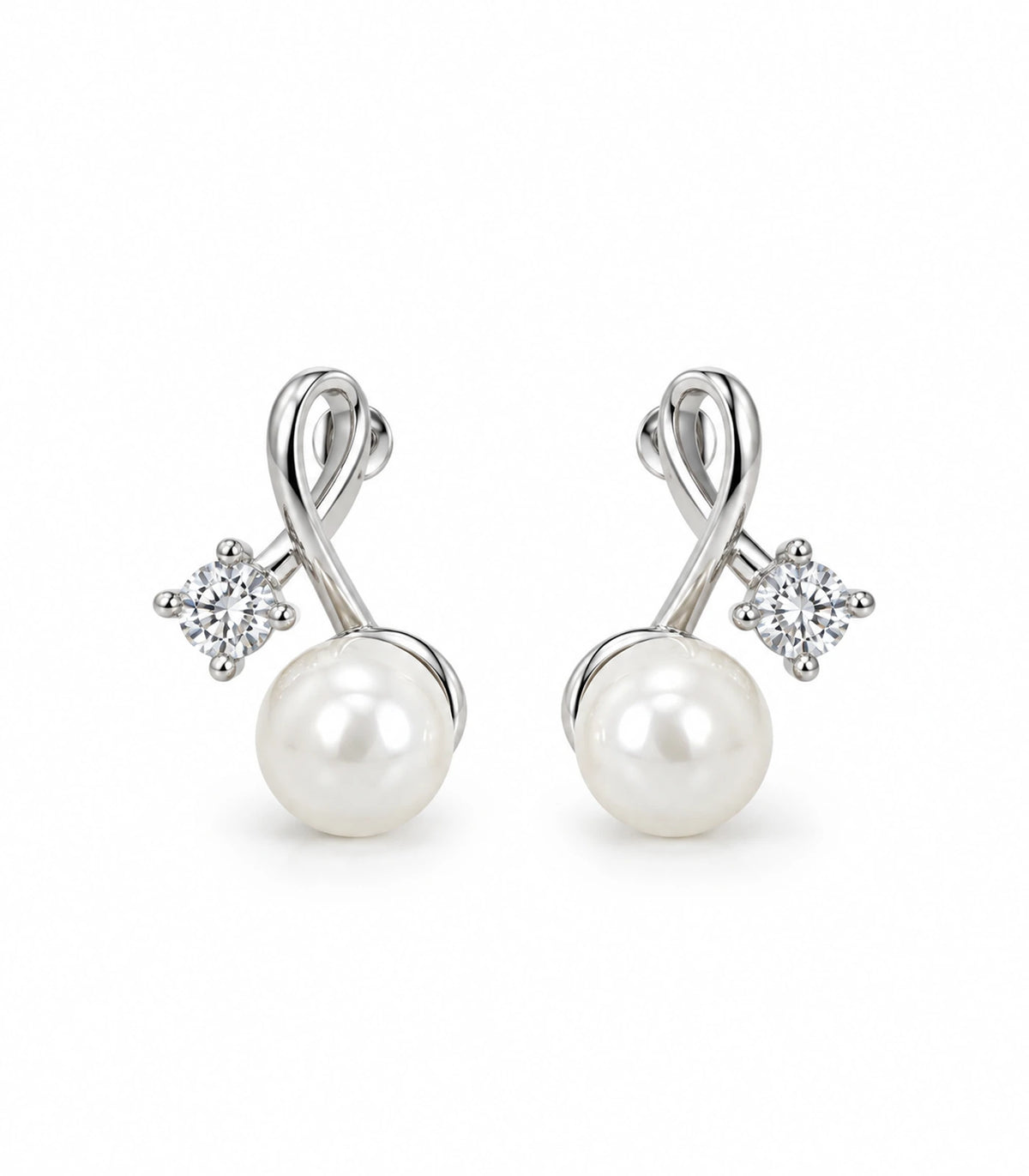 Pair of silver-tone loop earrings with one clear round accent and one white pearl-style drop per earring on white