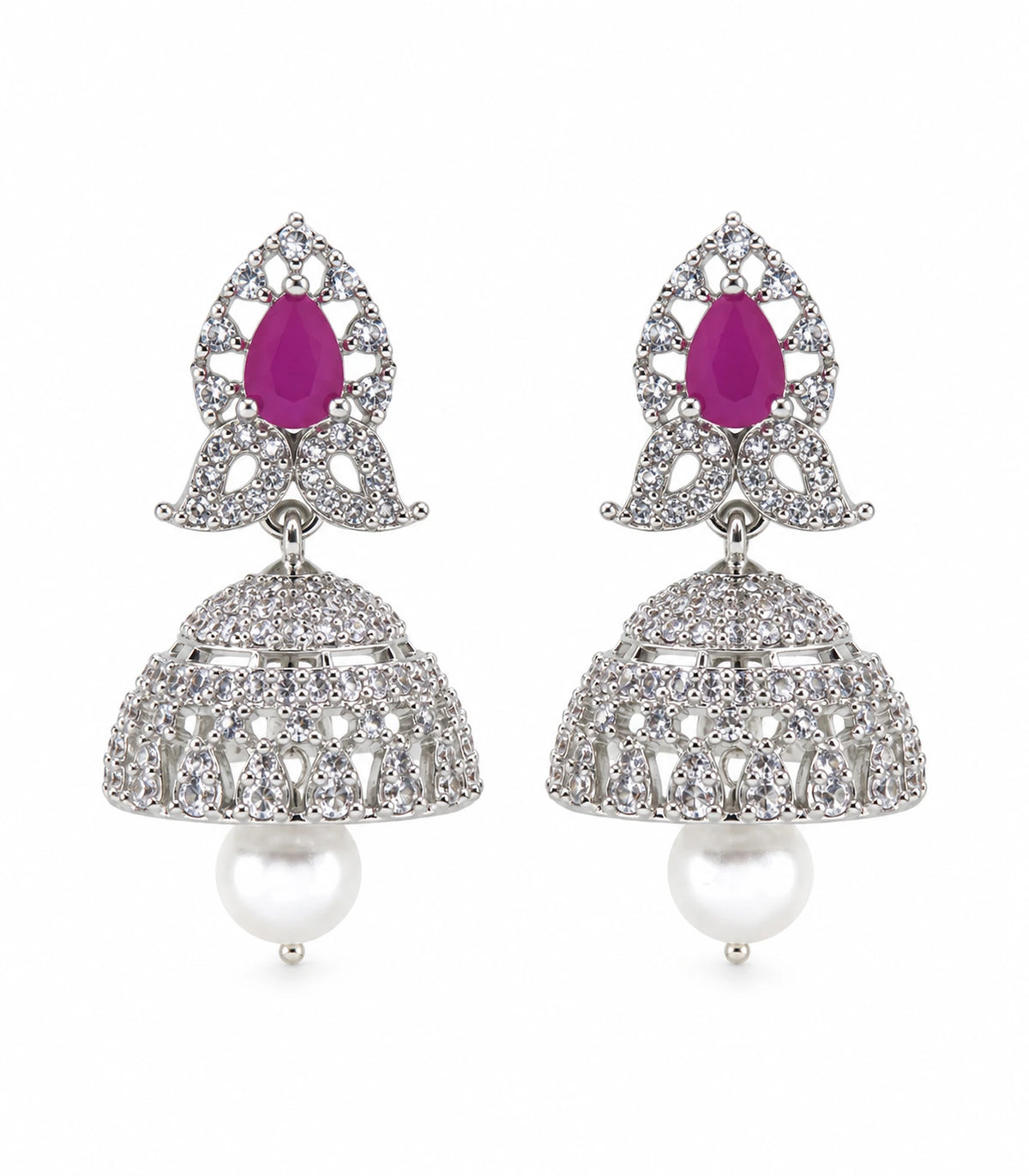 Silver-tone magenta butterfly pearl-style jhumka earrings, matching pair on white background