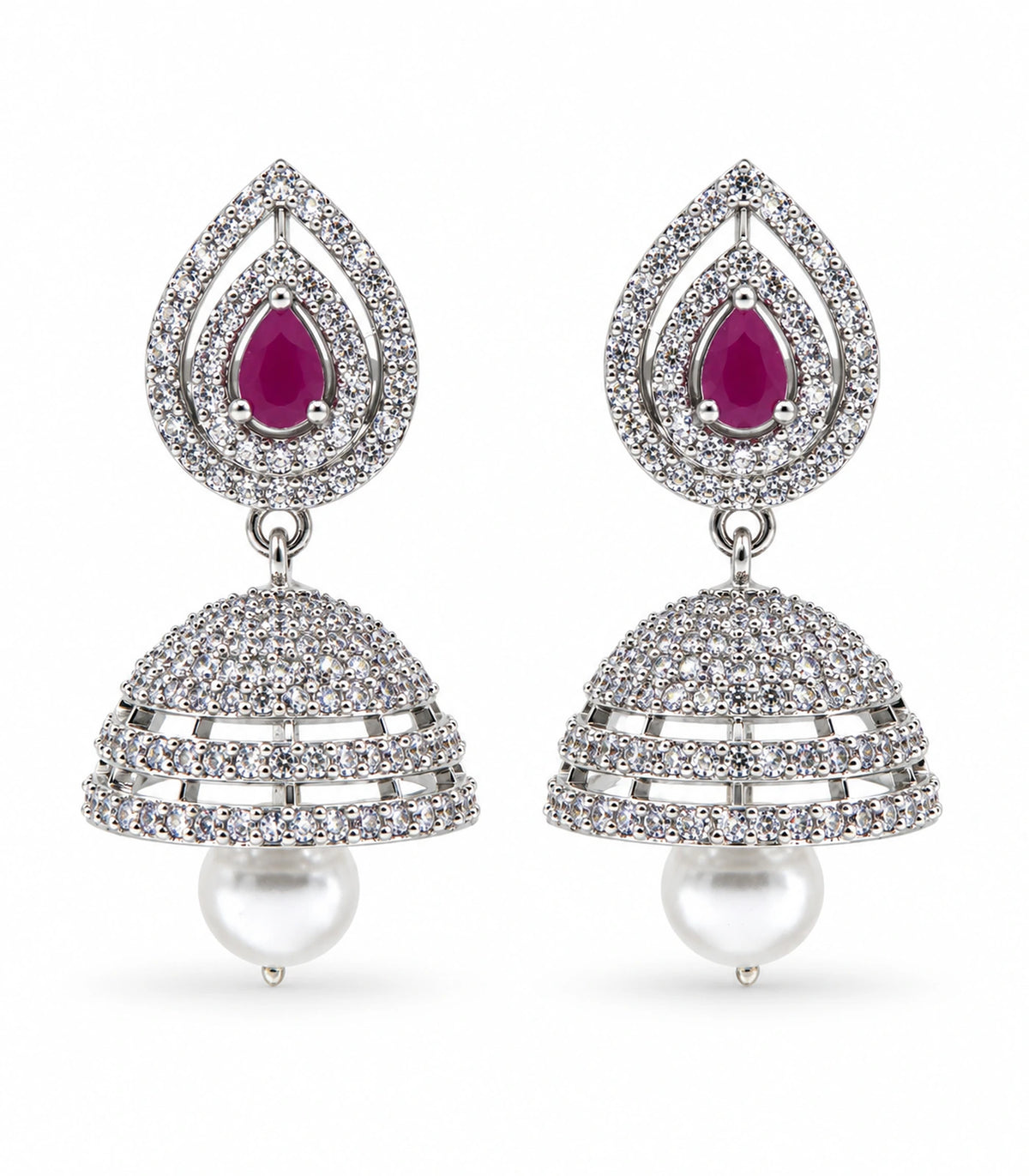 Silver-tone magenta double halo jhumka earrings, matching pair with white pearl-style drops on white