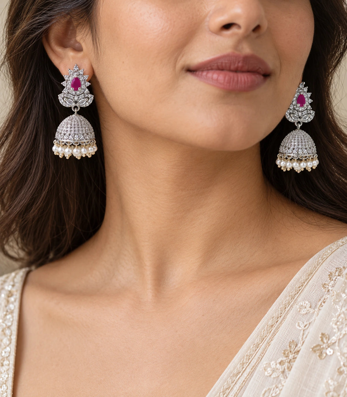 Silver Magenta Floral Pearl Fringe Jhumka Earrings — closeup