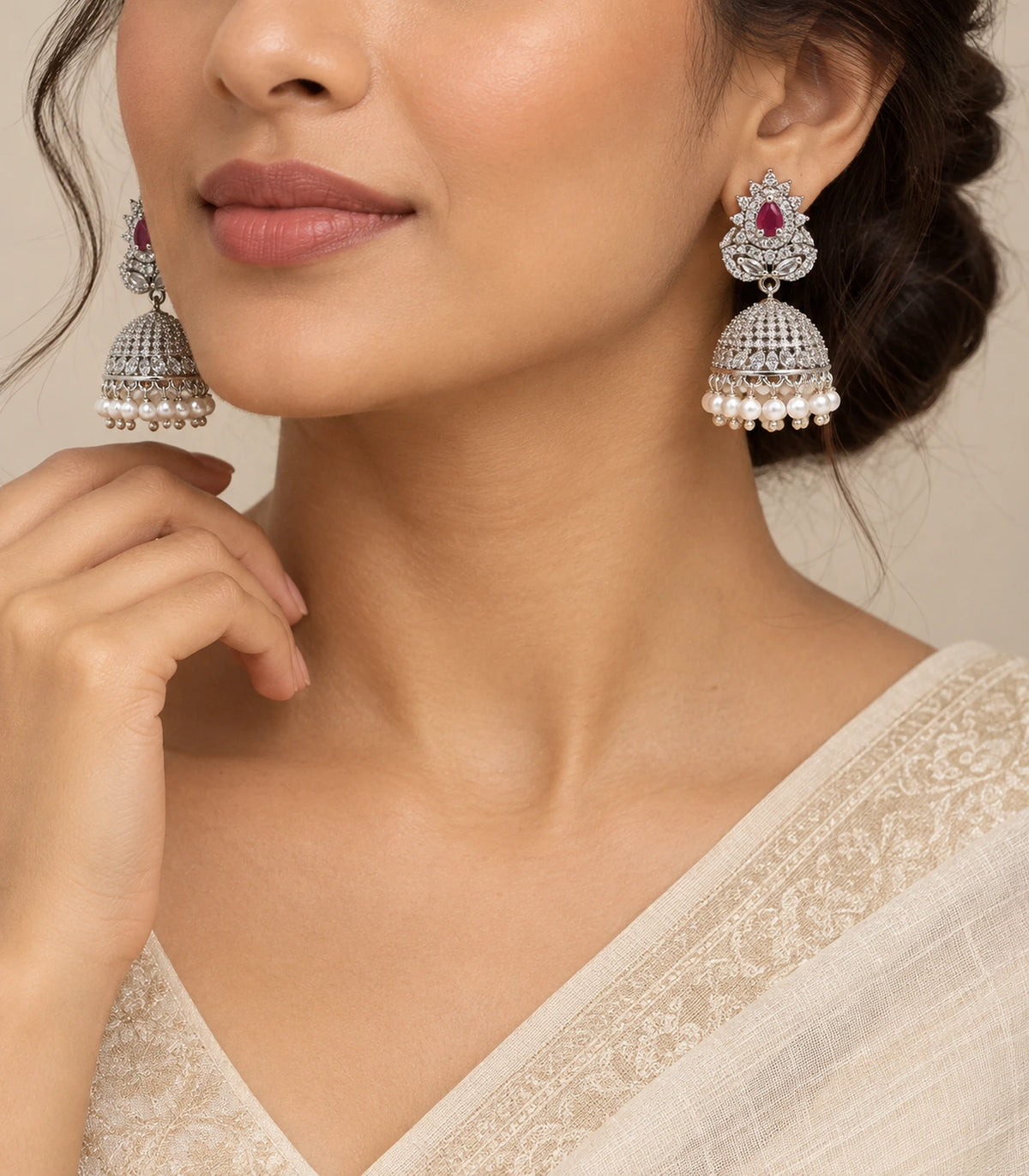 Silver Magenta Floral Pearl Fringe Jhumka Earrings — editorial model
