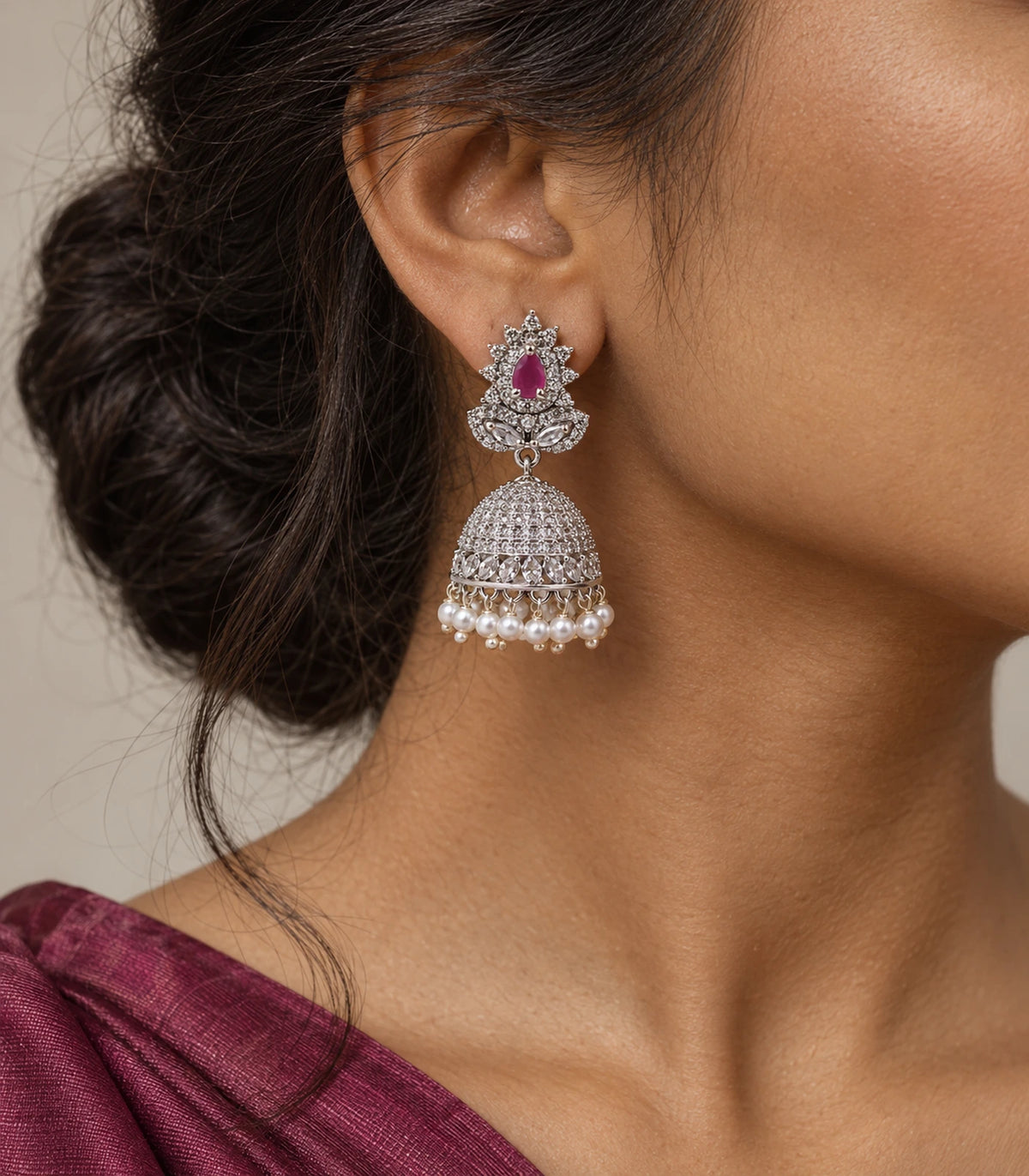 Silver Magenta Floral Pearl Fringe Jhumka Earrings — model