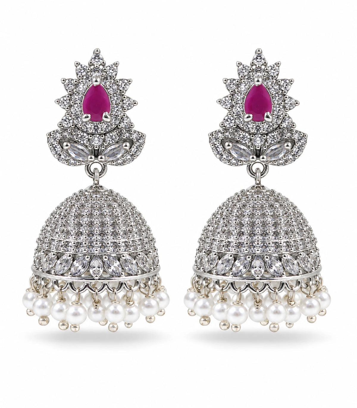 Silver Magenta Floral Pearl Fringe Jhumka Earrings — white background