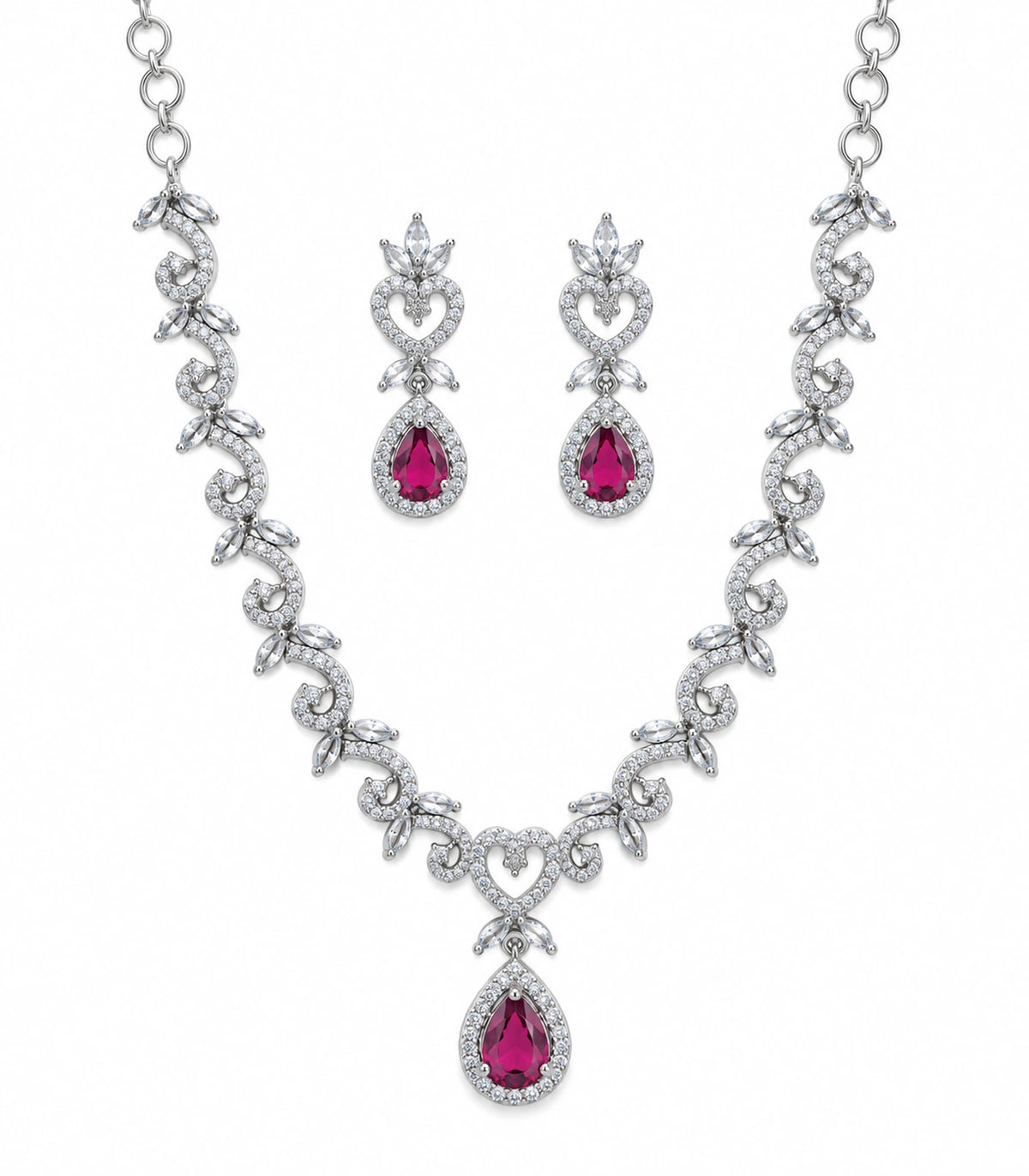 Silver magenta heart teardrop necklace with two matching earrings on white background