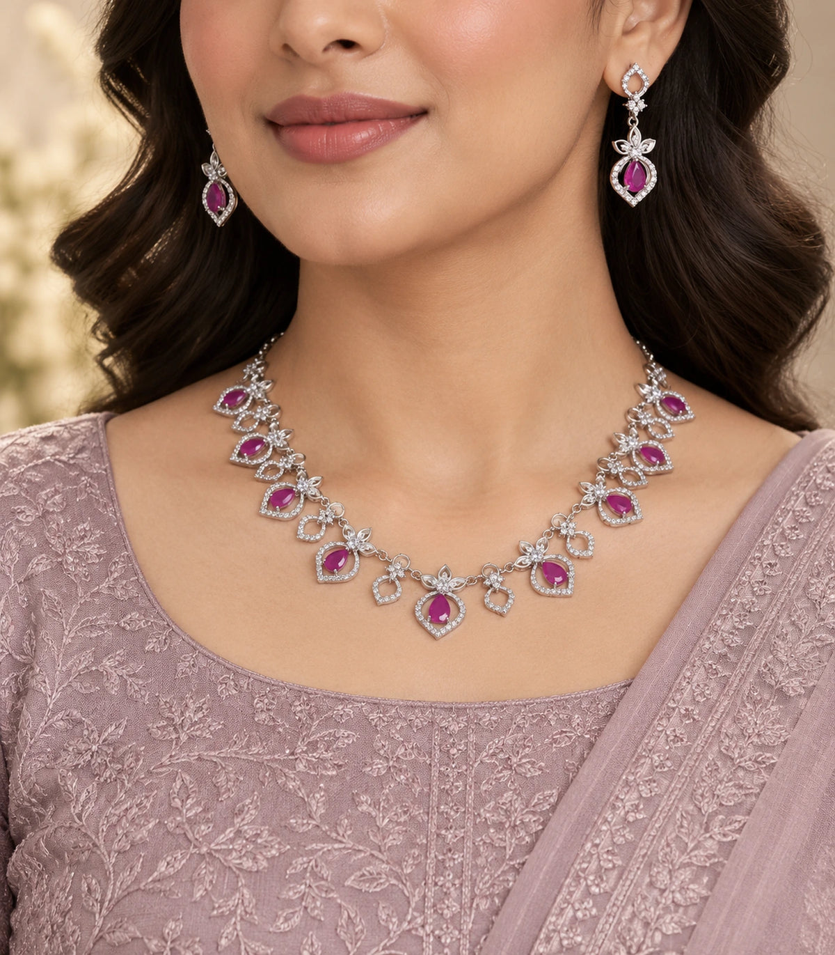 Magenta floral necklace and matching earrings styled with a mauve outfit