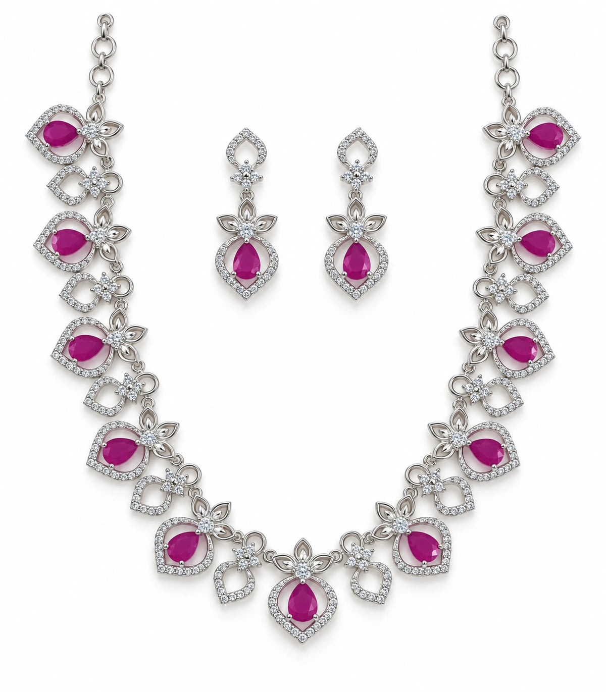 Silver-tone magenta floral necklace set with two matching drop earrings on white