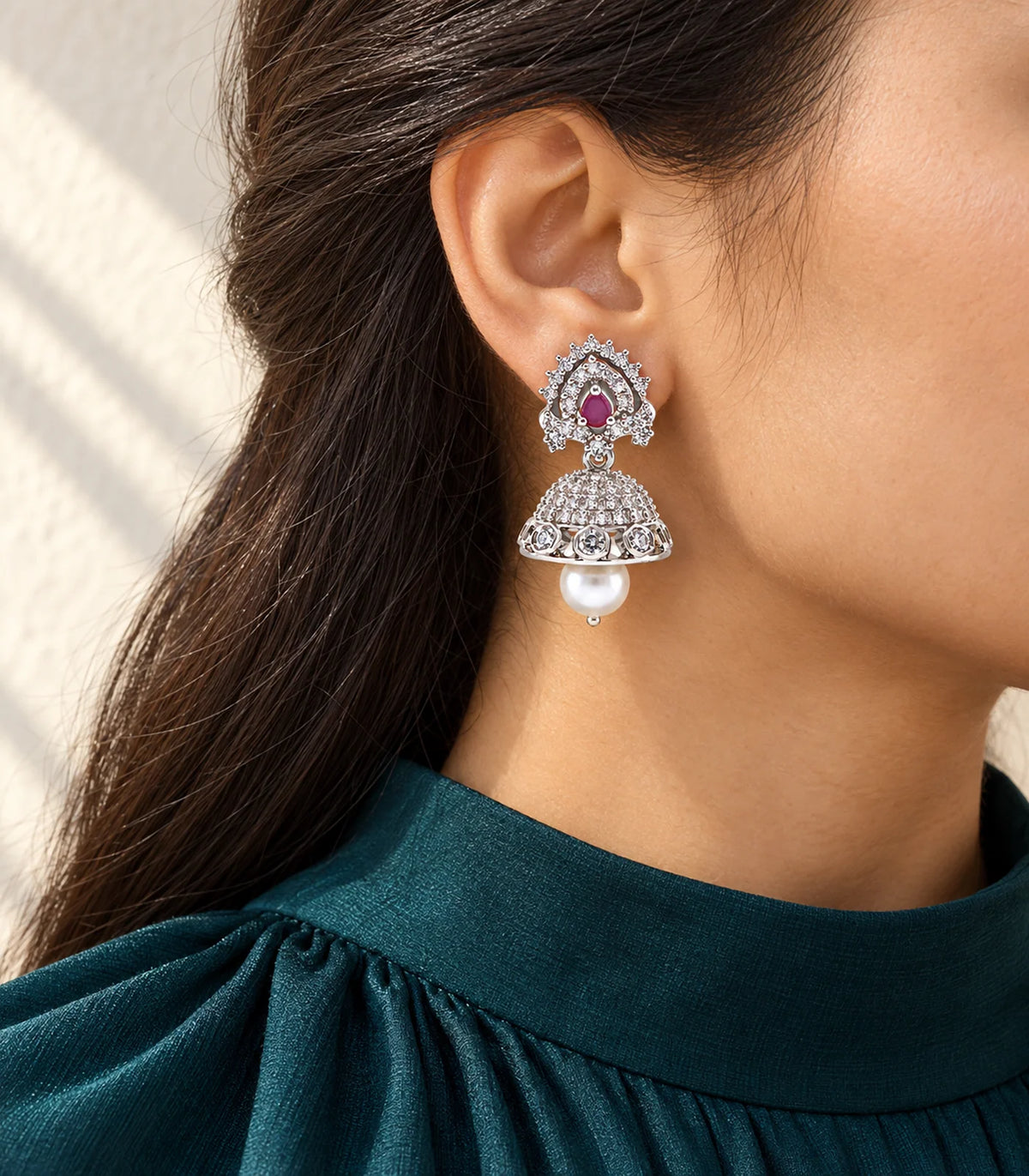 Silver Magenta Sunburst Teardrop Pearl Jhumka Earrings – editorial worn view