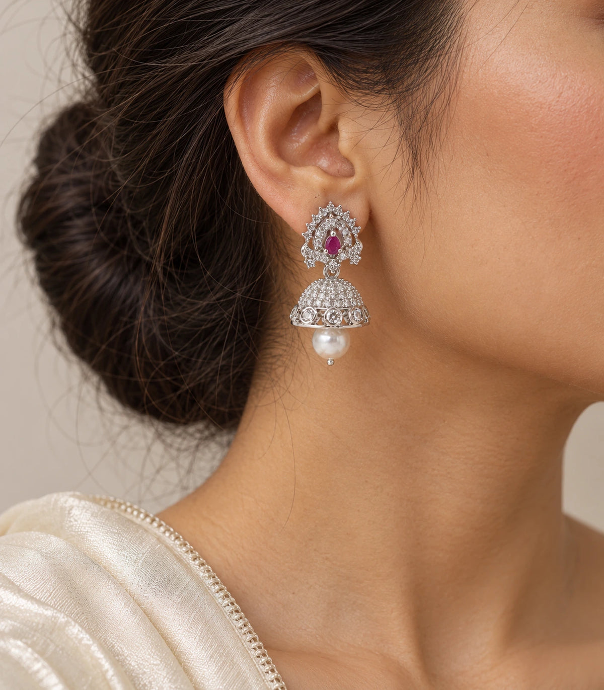Silver Magenta Sunburst Teardrop Pearl Jhumka Earrings – worn model view