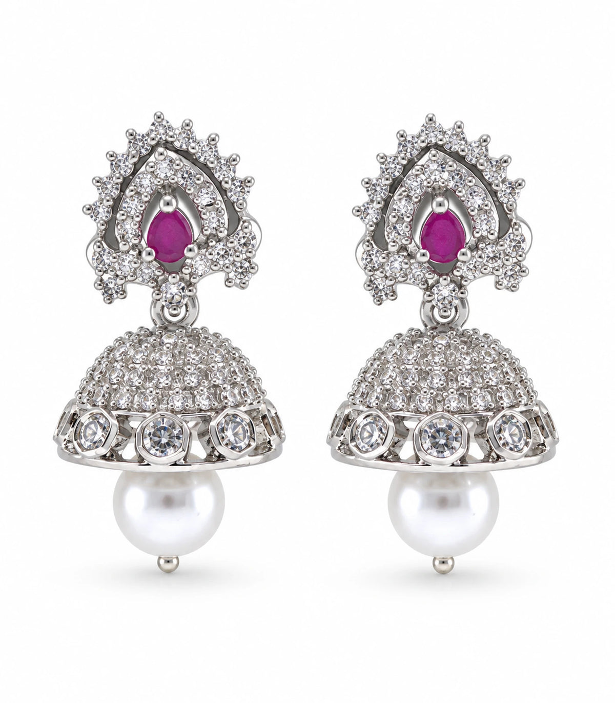 Silver Magenta Sunburst Teardrop Pearl Jhumka Earrings – white background product view