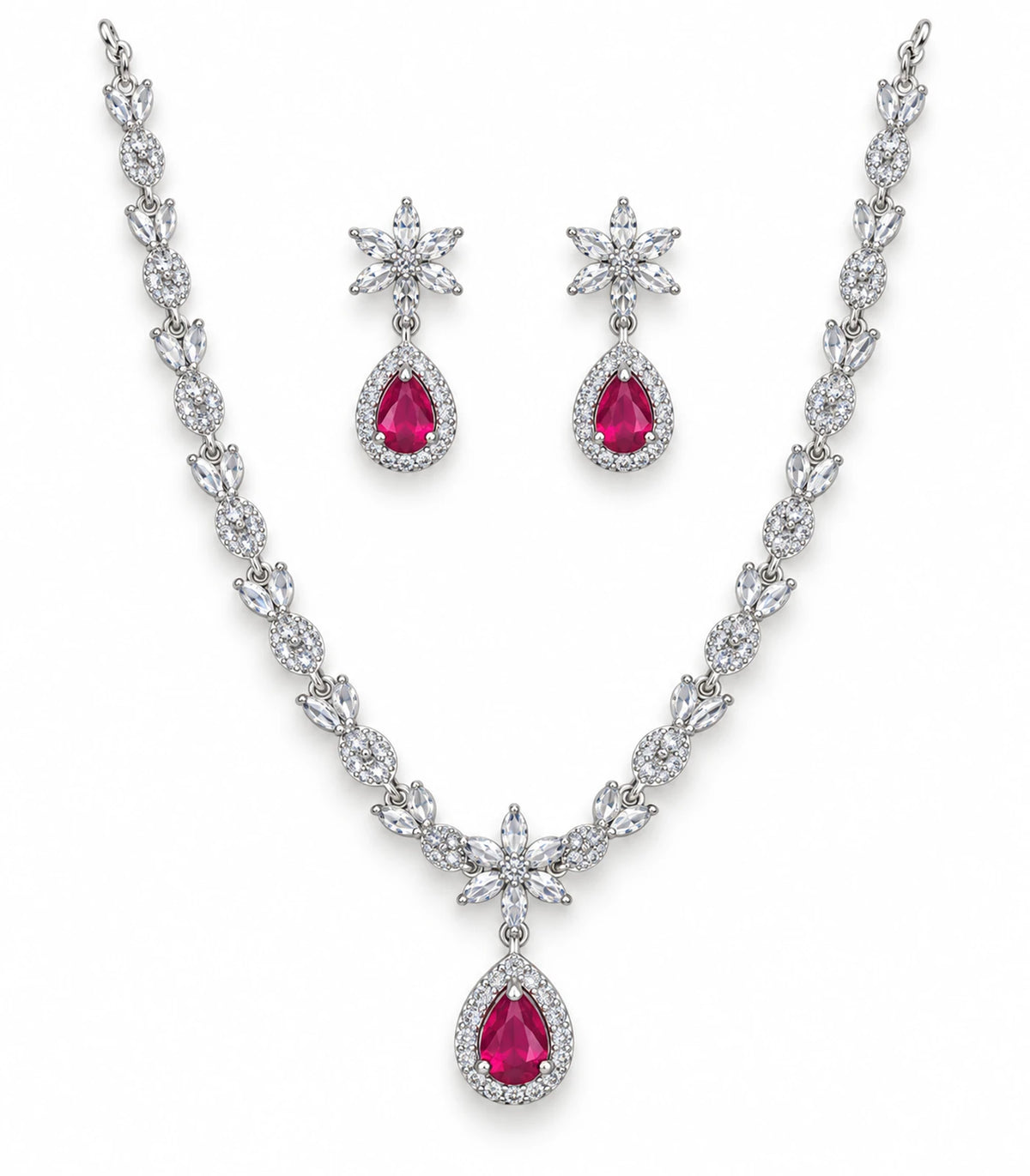 Silver Magenta Teardrop Floral Crystal Necklace Set with matching earrings on white background