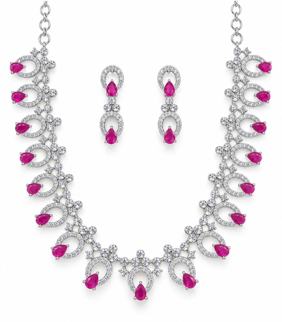 Silver Magenta Teardrop Fringe Crystal Necklace Set with matching earrings on white background