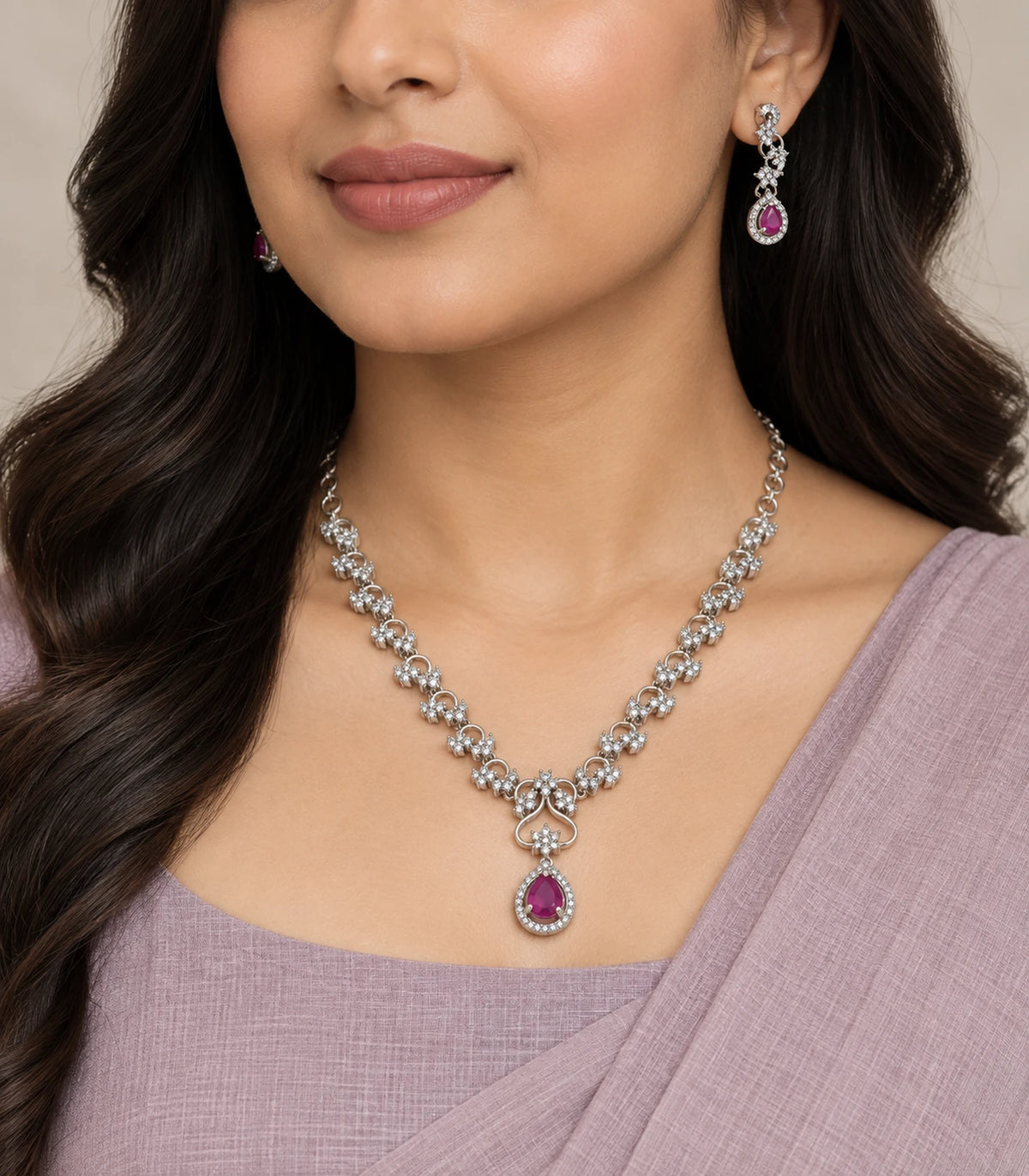 Silver Magenta Teardrop Necklace Set worn with a lavender outfit