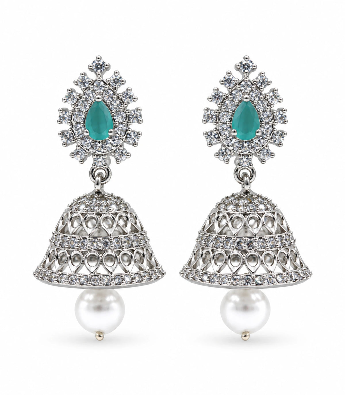 Matching pair of silver-tone mint teardrop jhumka earrings with pearl-look drops on a white background
