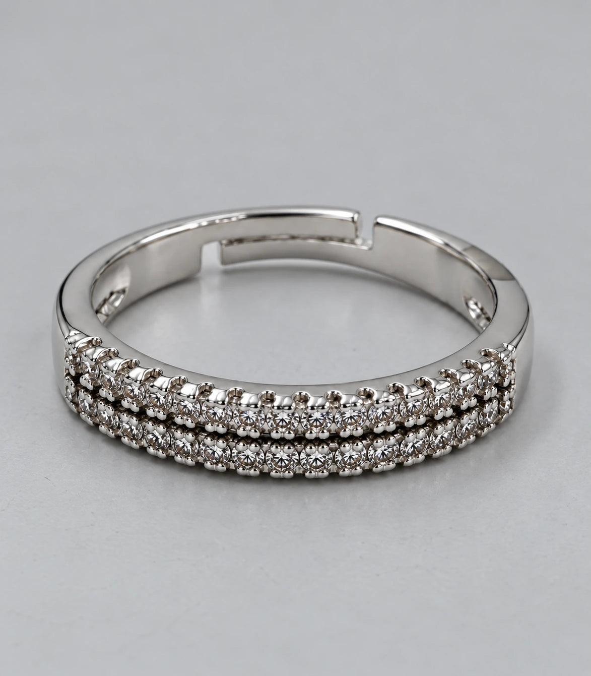 JIMIKI Silver Multi-Row Crystal Adjustable Ring in Silver - close-up details #color_silver