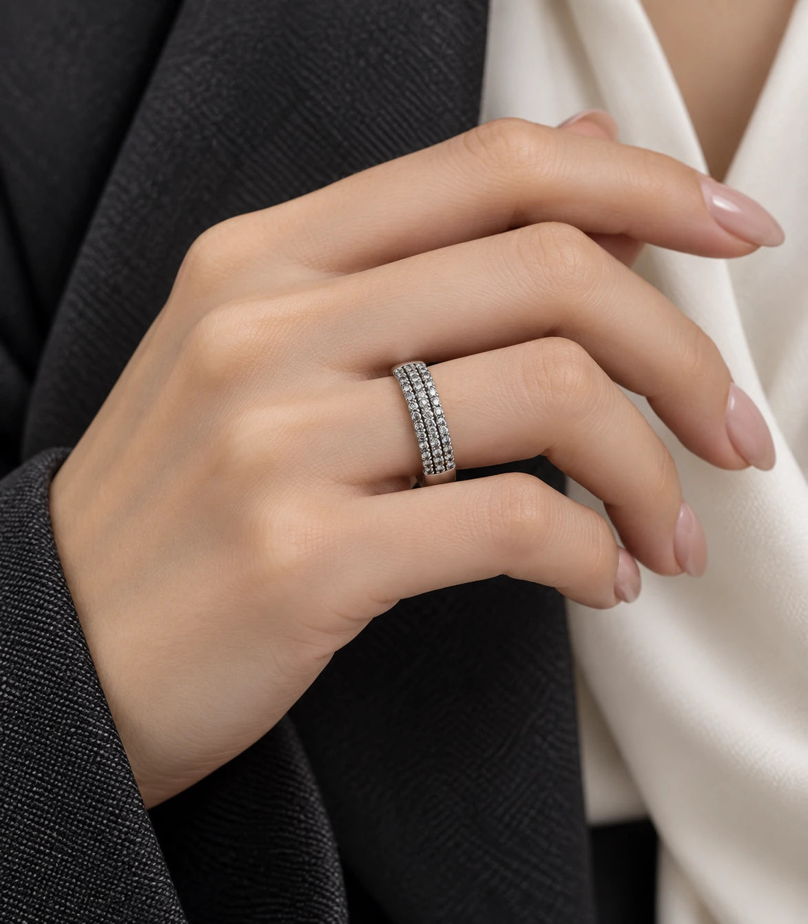 JIMIKI Silver Multi-Row Crystal Adjustable Ring in Silver - editorial worn view #color_silver
