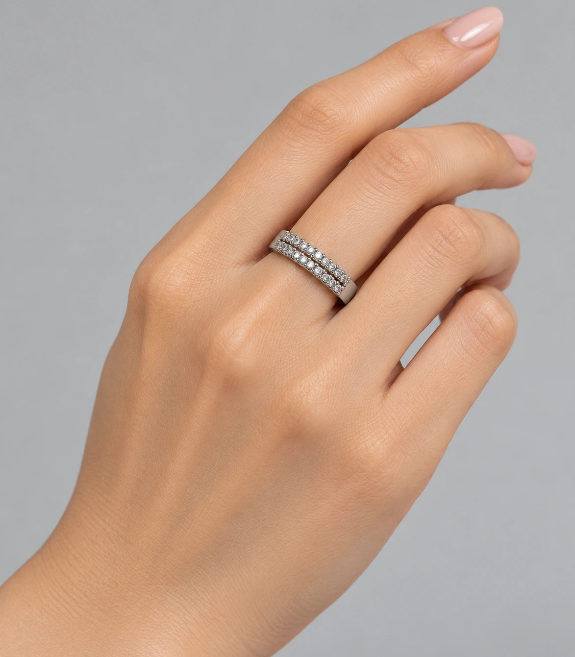 JIMIKI Silver Multi-Row Crystal Adjustable Ring in Silver - worn styling view #color_silver
