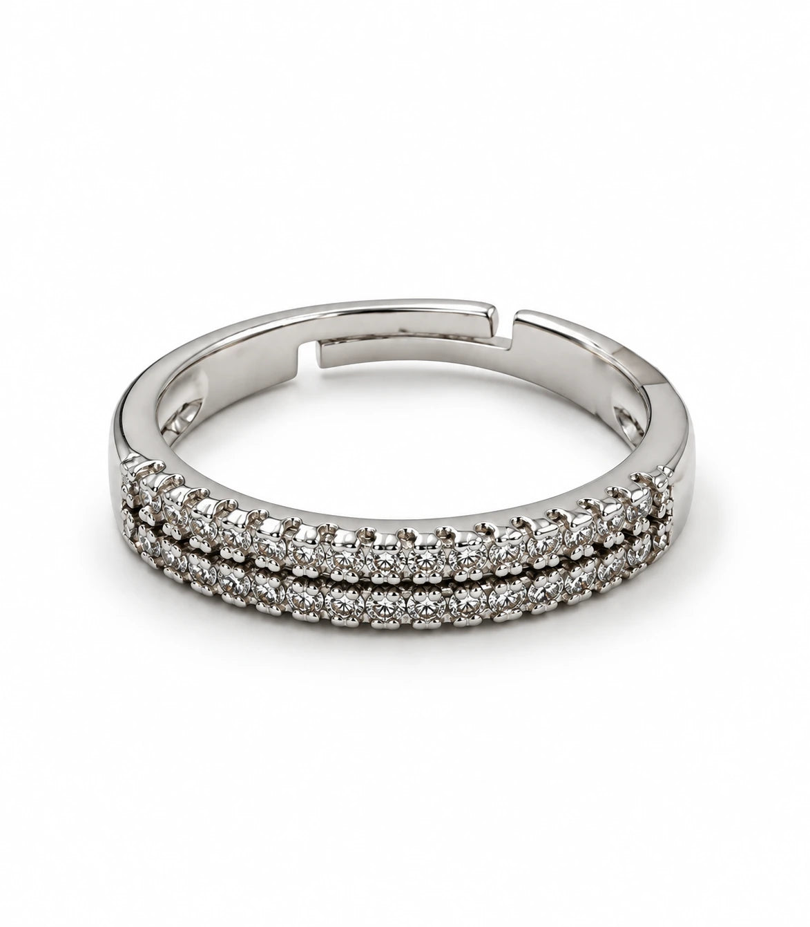 JIMIKI Silver Multi-Row Crystal Adjustable Ring in Silver - ring on white #color_silver