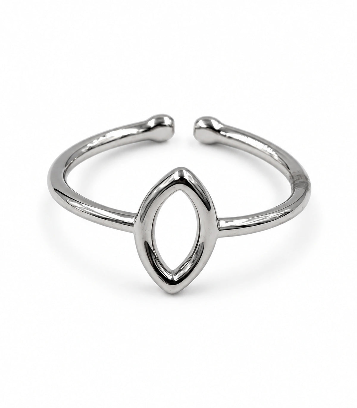 Silver-tone open marquise ring with hollow pointed motif and open-back band on white