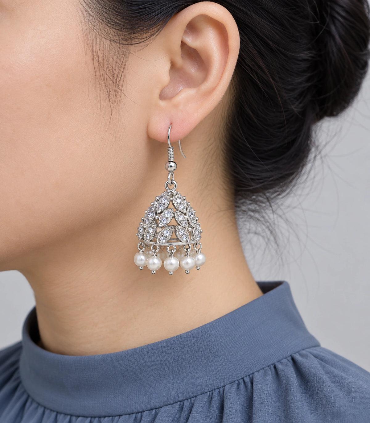 JIMIKI Openwork Crystal Leaf Pearl Hook Jhumka Earrings in Silver - worn styling view #color_silver