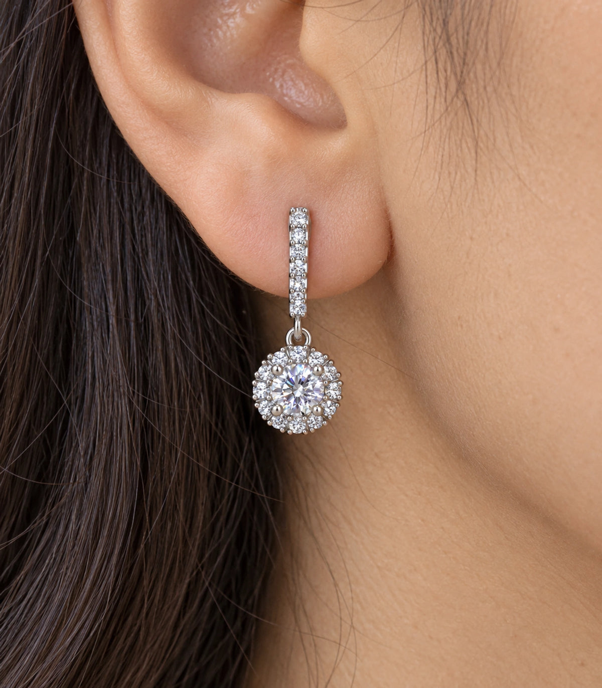 JIMIKI Silver Pave Bar Round Halo Drop Earrings — worn close-up detail #color_silver