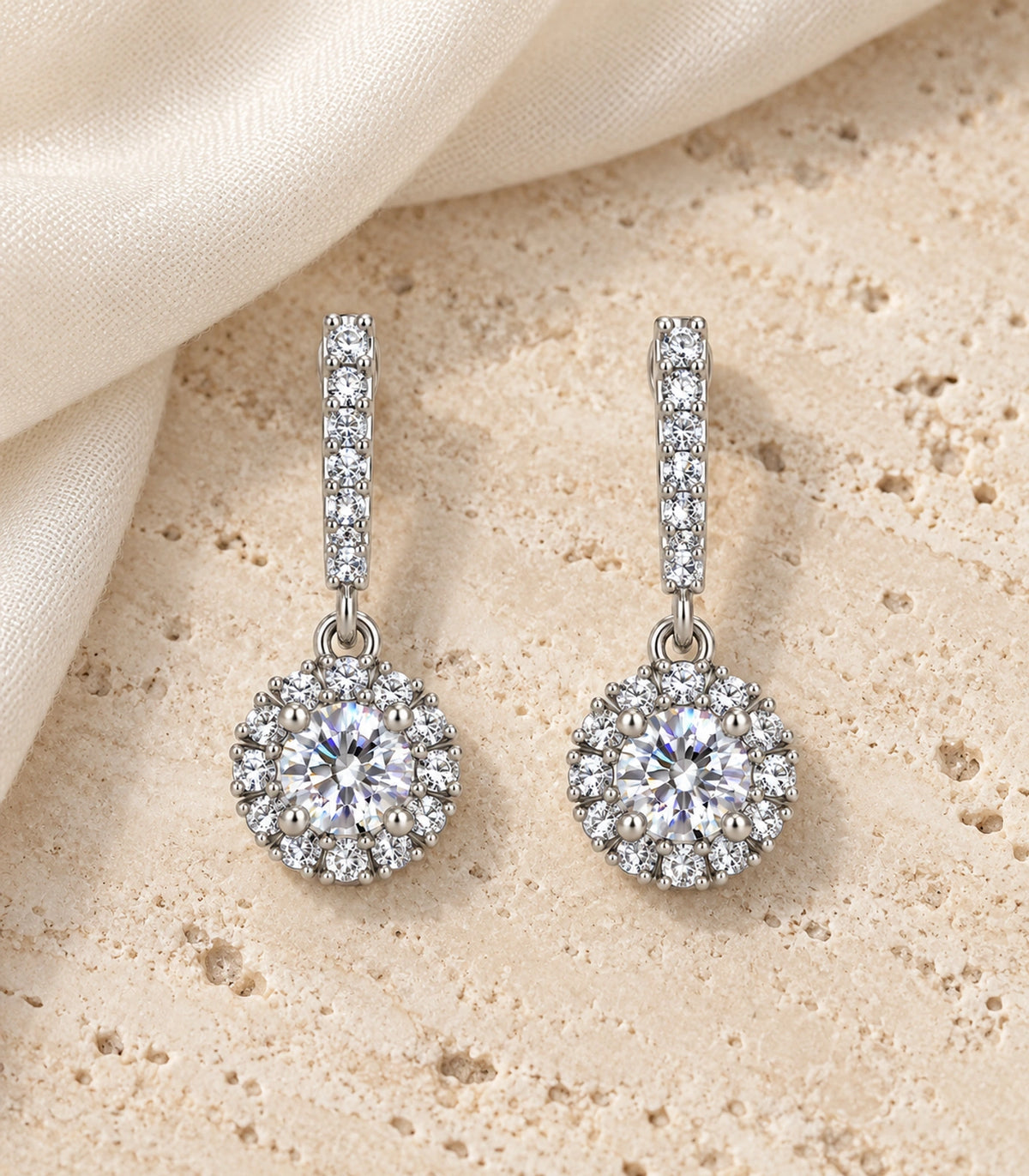 JIMIKI Silver Pave Bar Round Halo Drop Earrings — editorial flat lay #color_silver