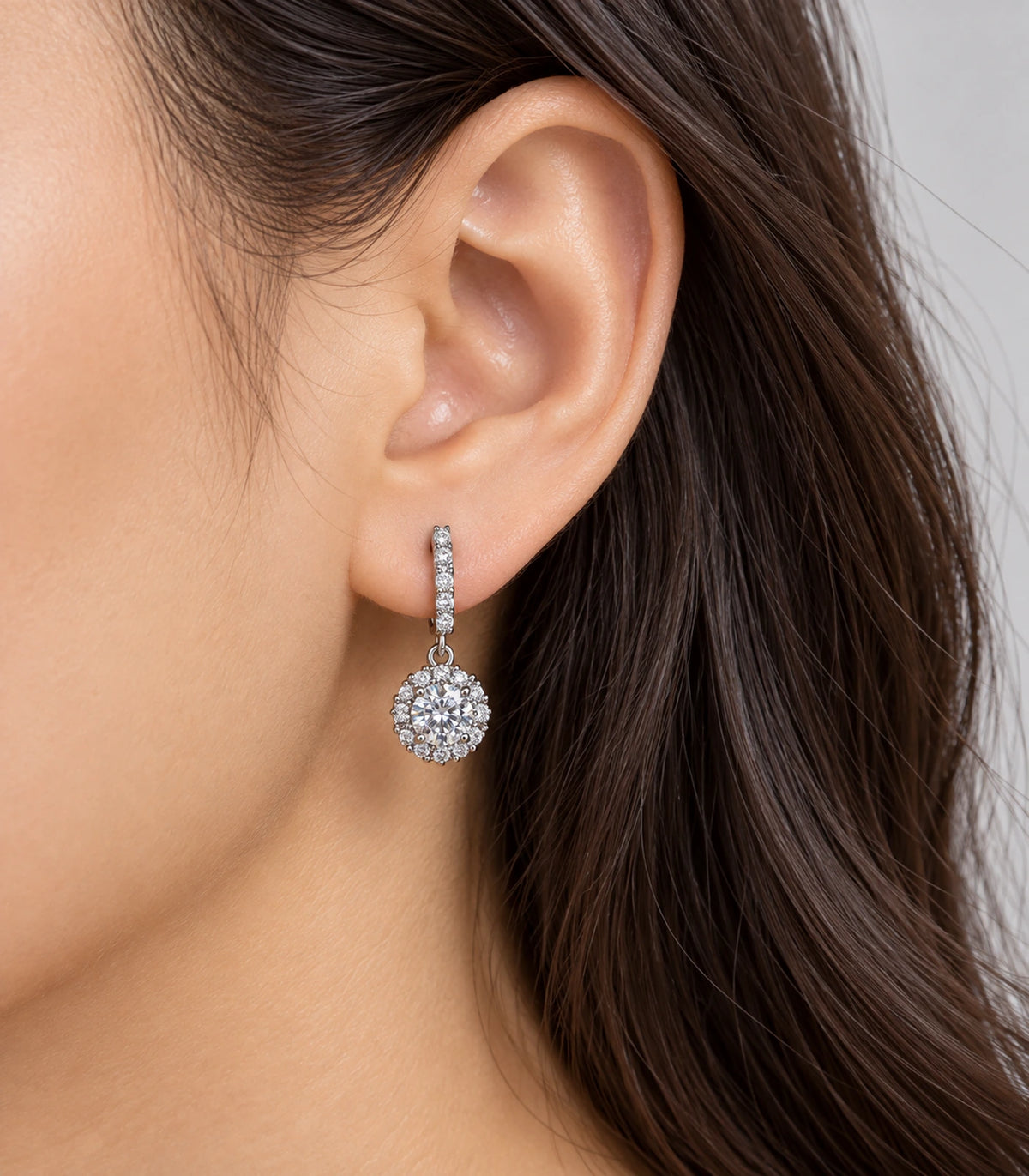 JIMIKI Silver Pave Bar Round Halo Drop Earrings — worn styling view #color_silver