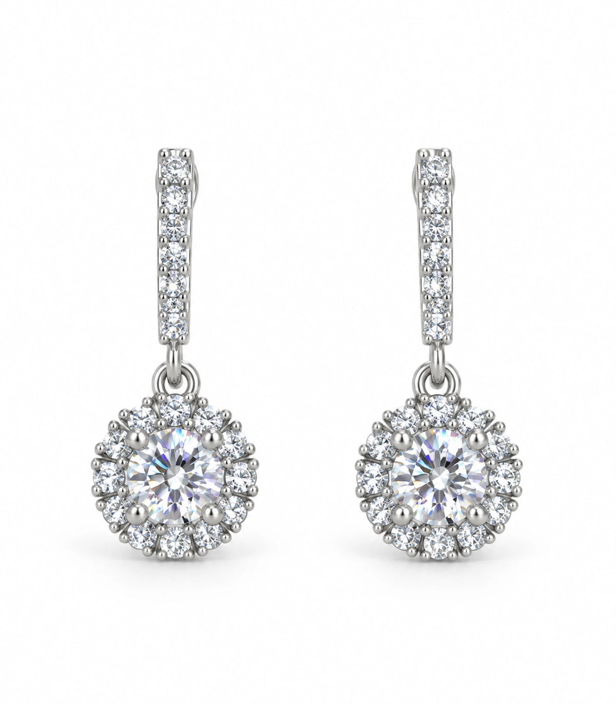 JIMIKI Silver Pave Bar Round Halo Drop Earrings — pair on white background #color_silver