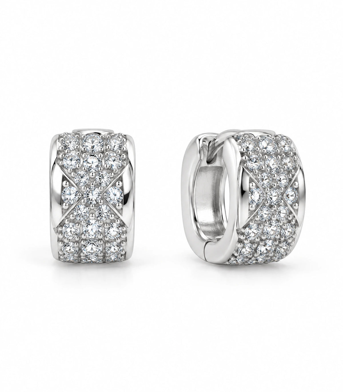 JIMIKI Silver Pave Bow Cross Huggie Earrings — pair on white background #color_silver