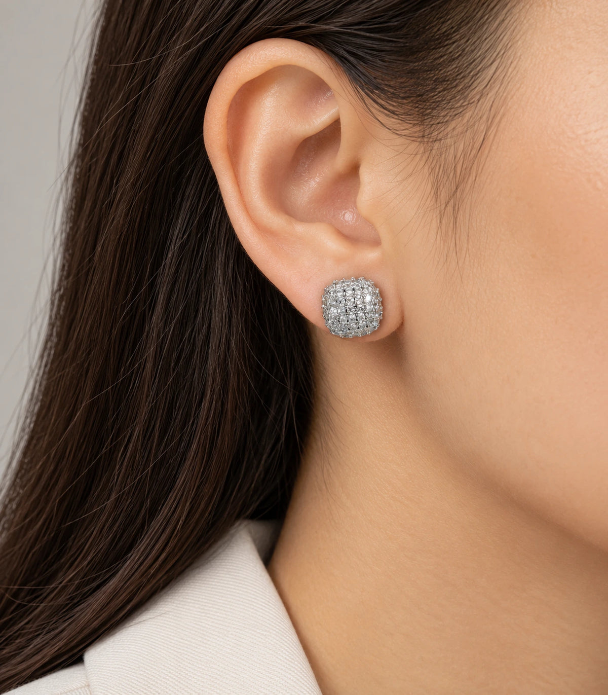 JIMIKI Silver Pave Cushion Stud Earrings - model #color_silver