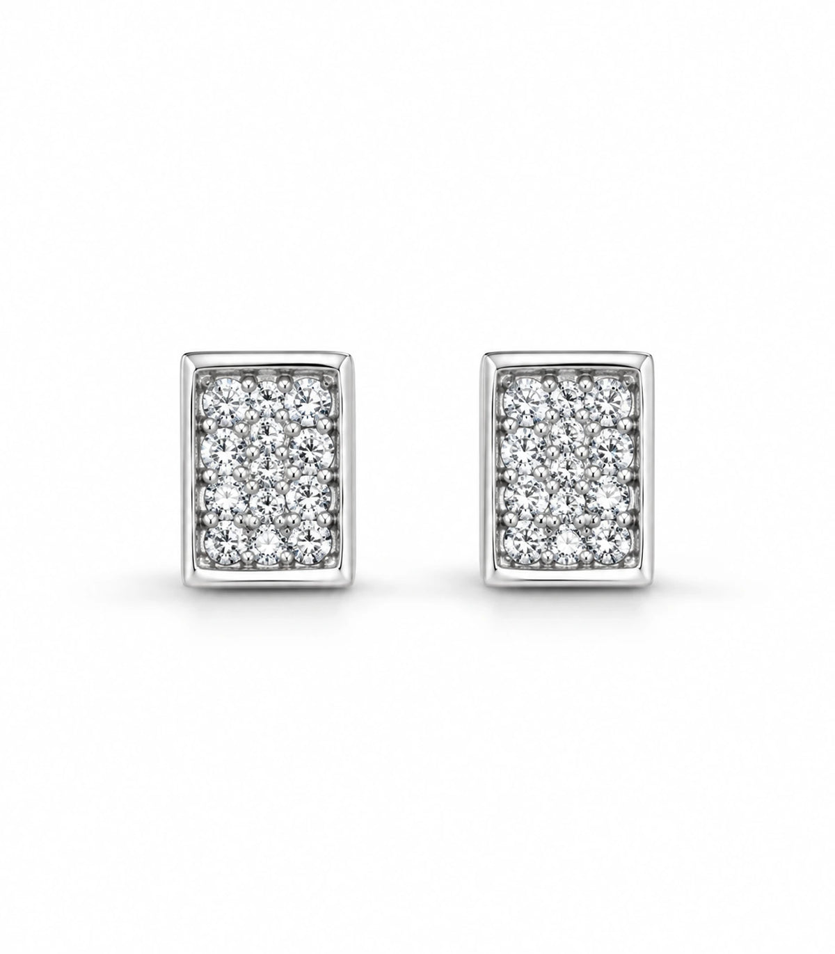 Pair of silver-tone rectangular pavé stud earrings shown against a white background