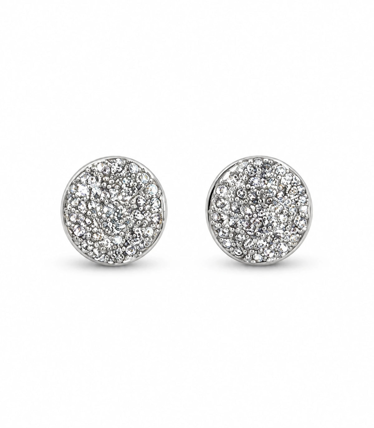 Silver-tone pavé round disc stud earrings, matching pair on a white background