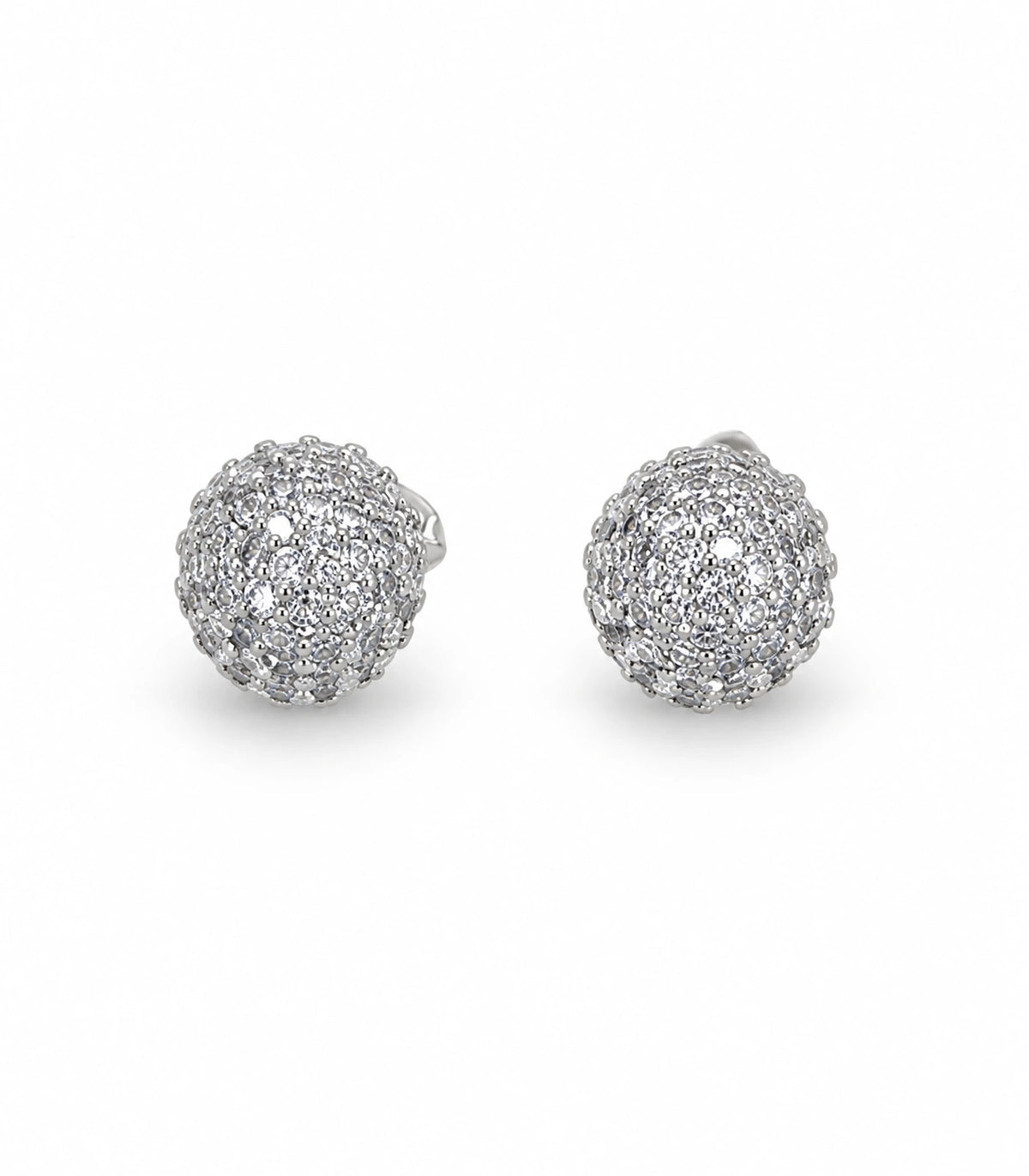 Pair of silver-tone pavé sphere stud earrings on a white background