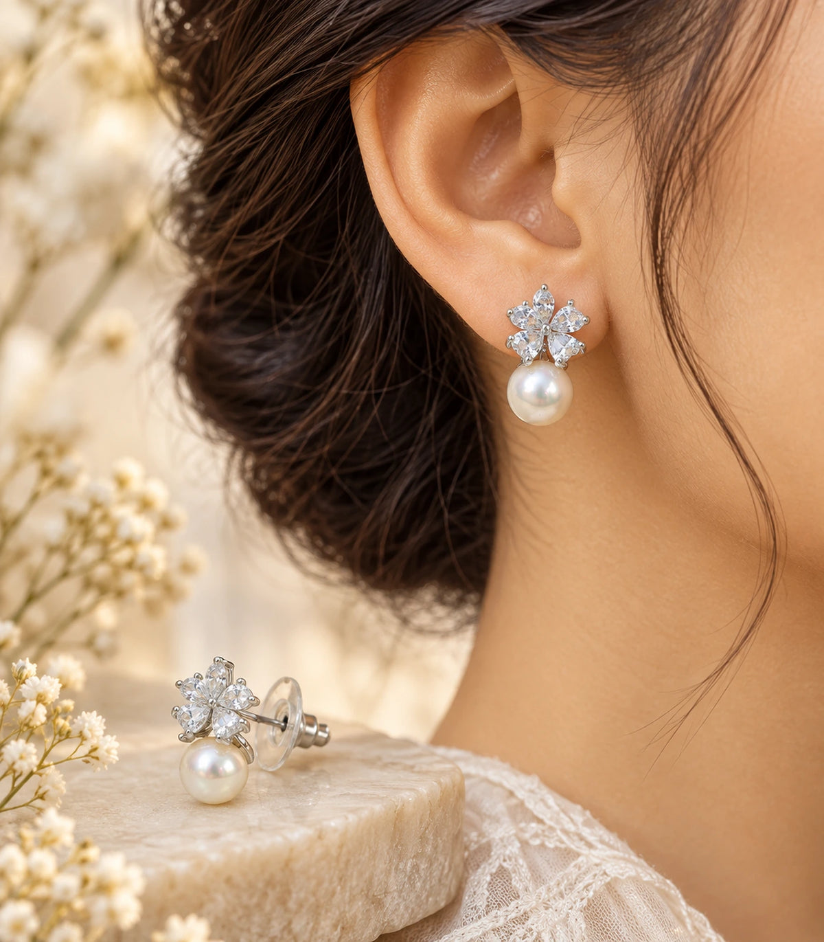 JIMIKI Silver Pear Crystal Flower Pearl Drop Earrings in Silver - editorial model #color_silver