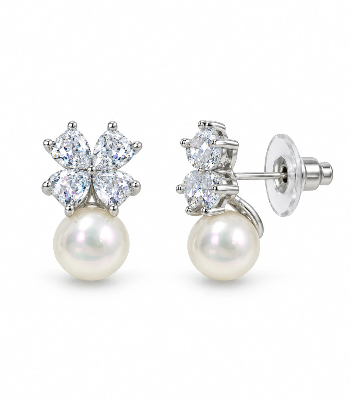 JIMIKI Silver Pear Crystal Flower Pearl Drop Earrings in Silver - white background #color_silver