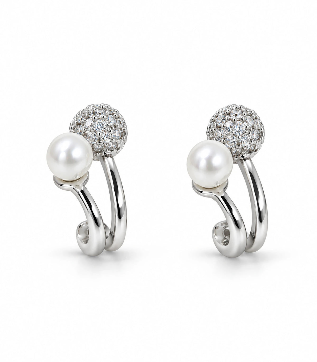 JIMIKI Silver Pearl Pave Disc Sculptural Earrings — pair on white background #color_silver