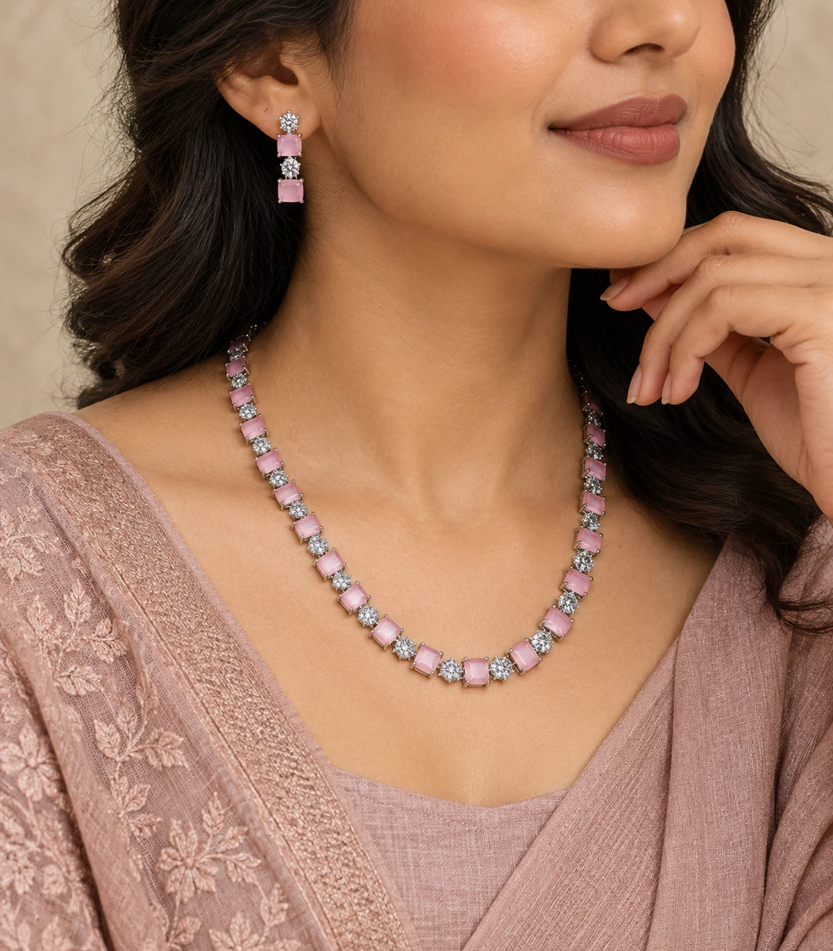 Silver Pink Square Crystal Necklace Set worn in a three-quarter editorial pose