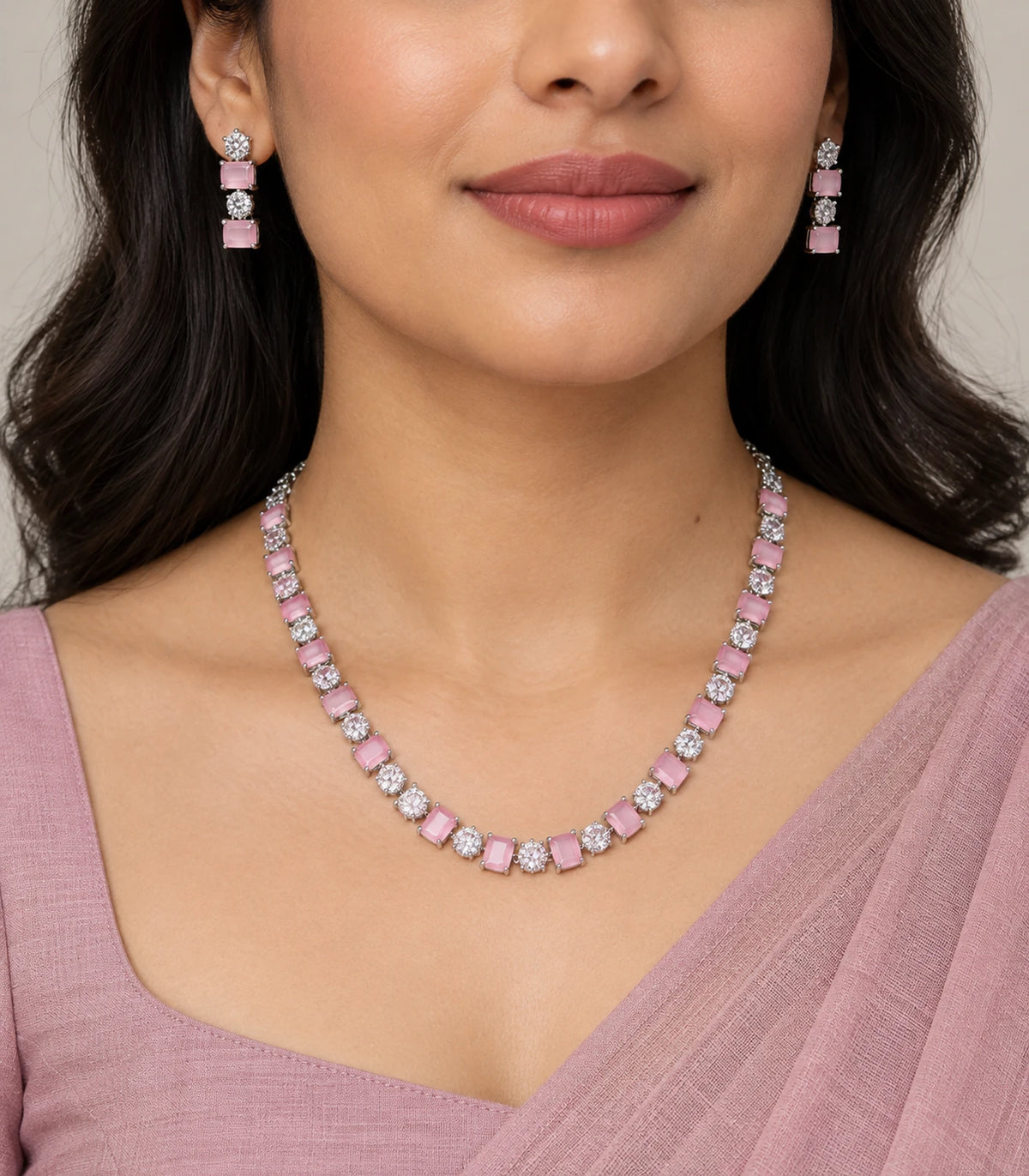 Silver Pink Square Crystal Necklace Set worn with matching earrings
